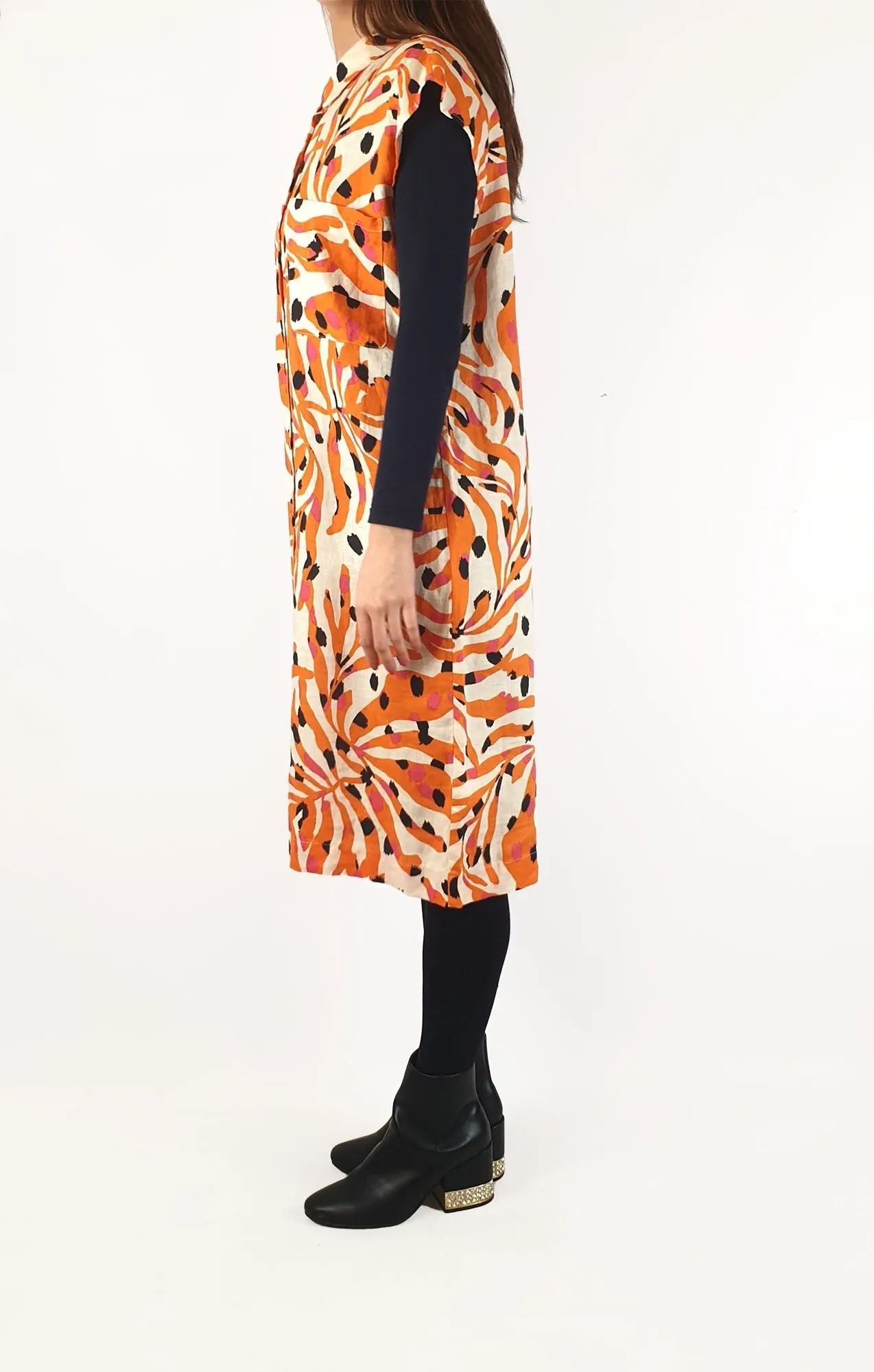 Gorman orange animal print 100% linen sleeveless shirt dress size 10