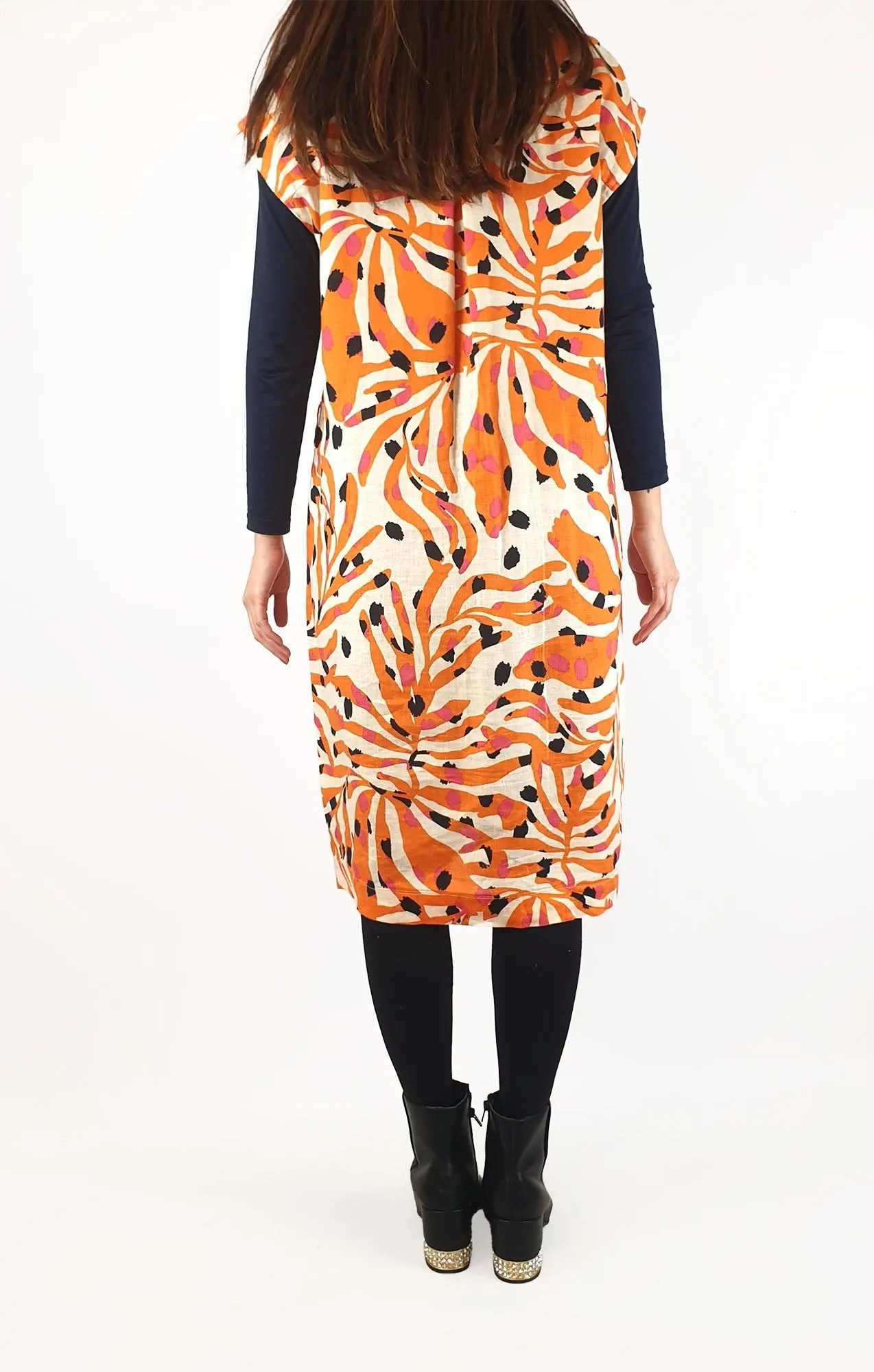 Gorman orange animal print 100% linen sleeveless shirt dress size 10