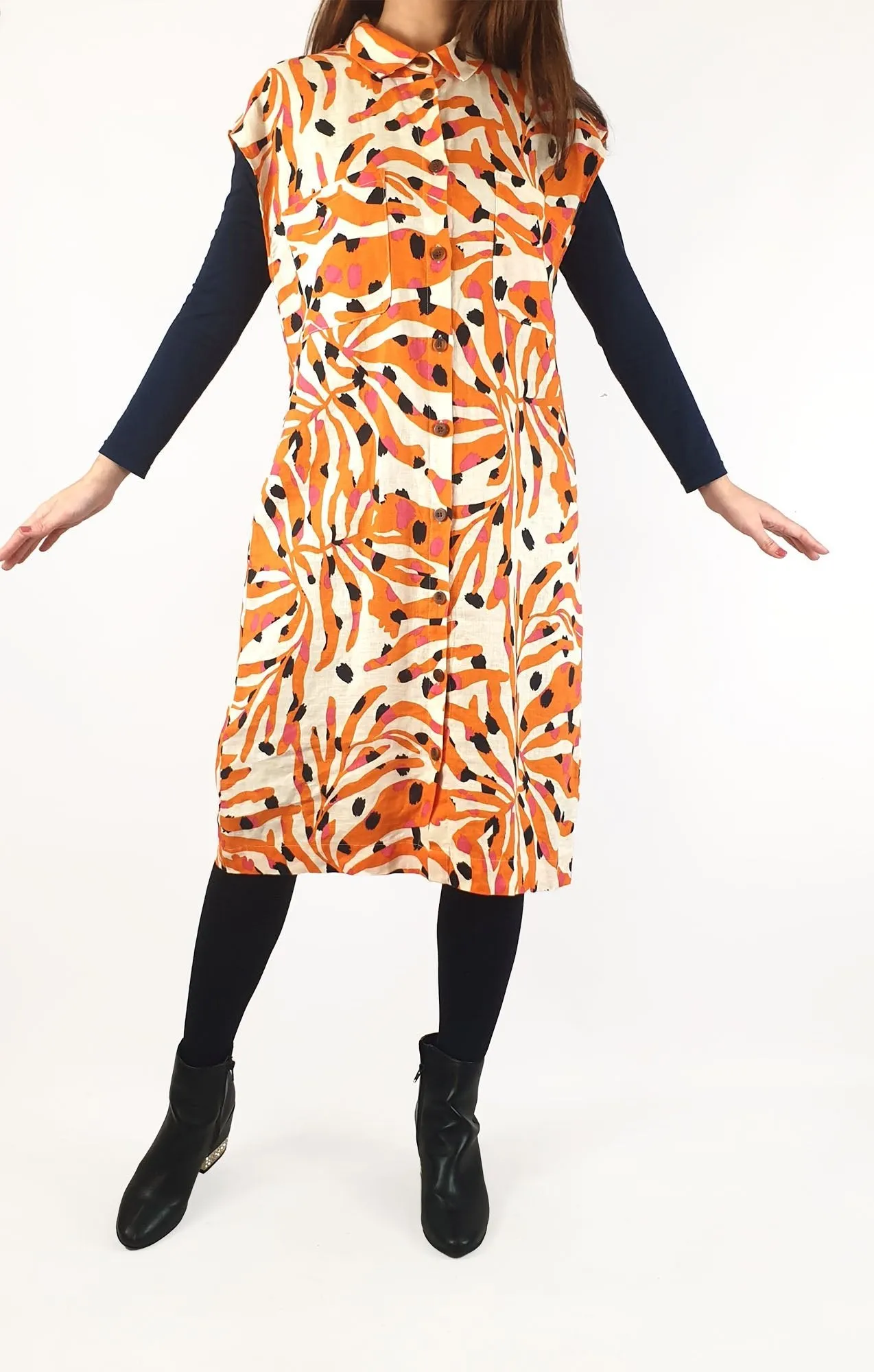 Gorman orange animal print 100% linen sleeveless shirt dress size 10
