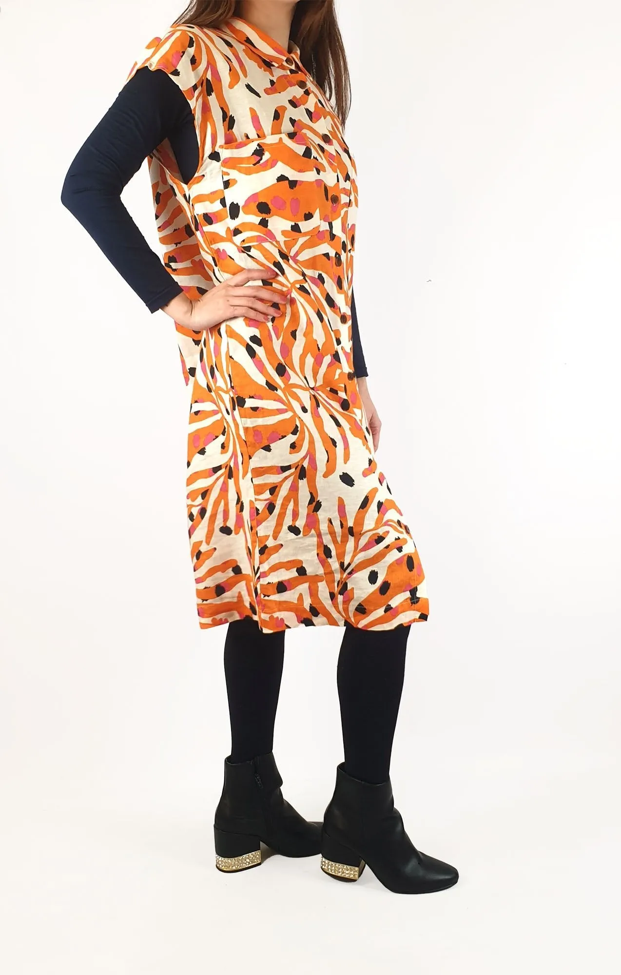 Gorman orange animal print 100% linen sleeveless shirt dress size 10