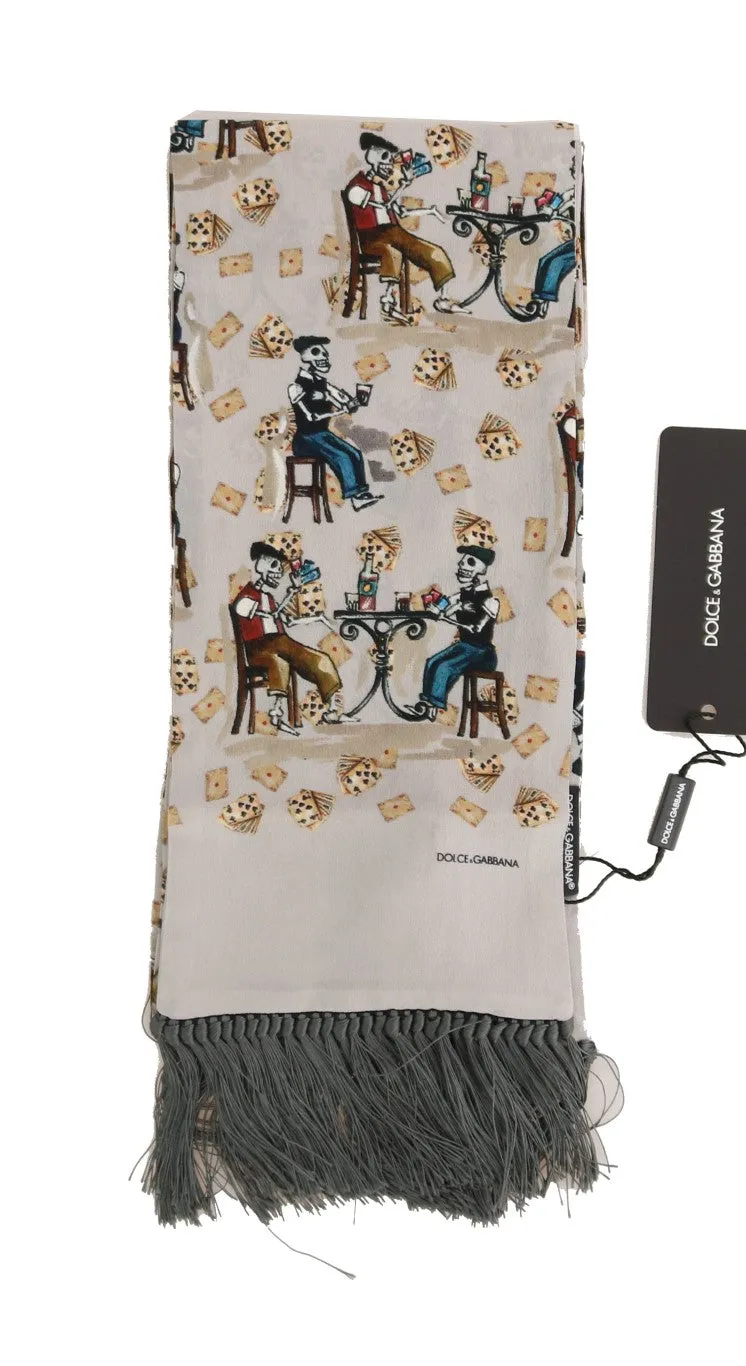 Gray Silk Skeleton Print Scarf