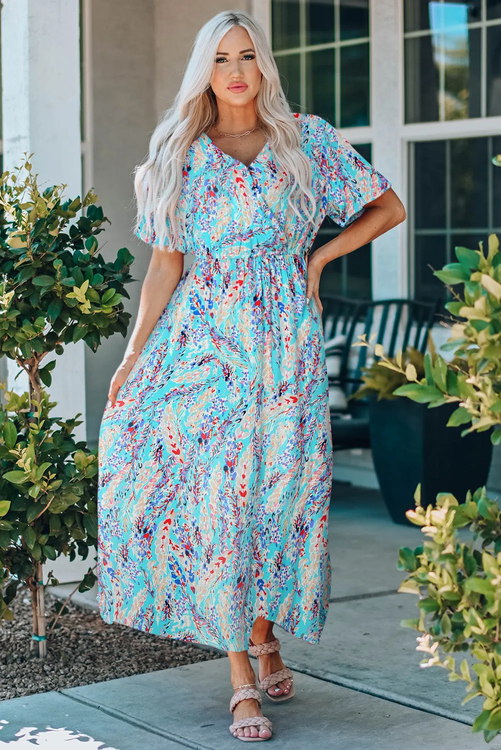 Green Wrap V Neck Floral Maxi Dress