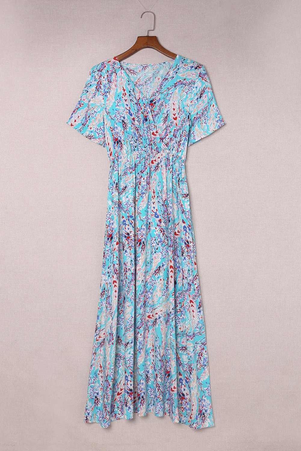 Green Wrap V Neck Floral Maxi Dress