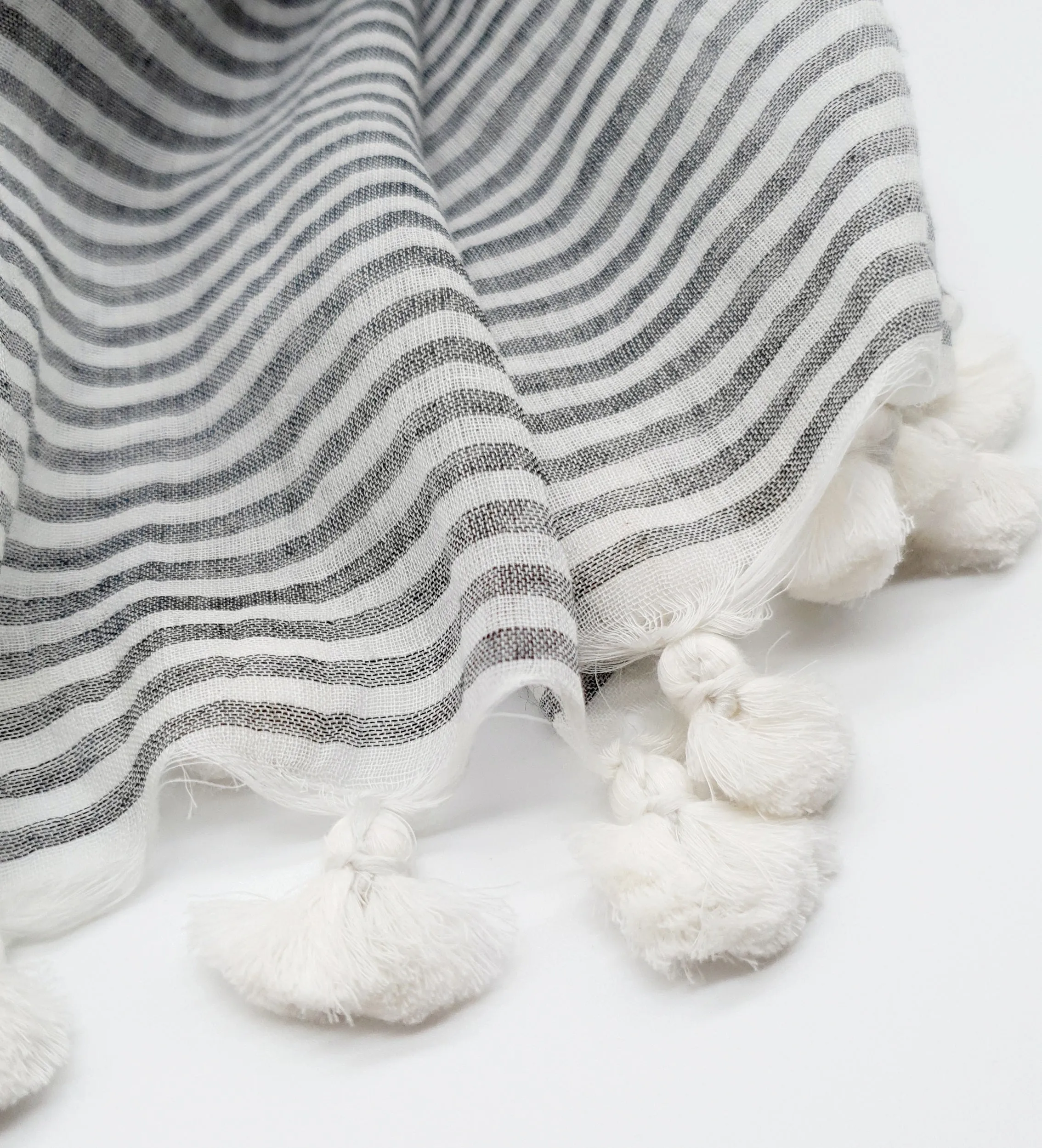 Grey Stripy Pom Pom Scarf