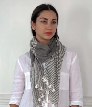 Grey Stripy Pom Pom Scarf
