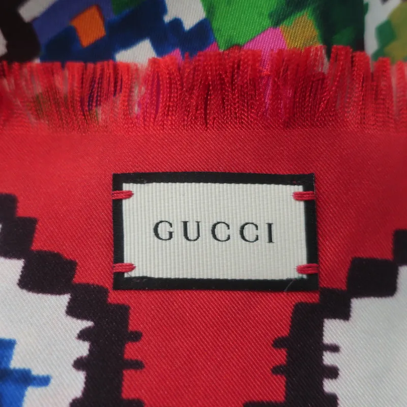 Gucci Needlepoint Floral Print Scarf Red/White Silk Twill NEW