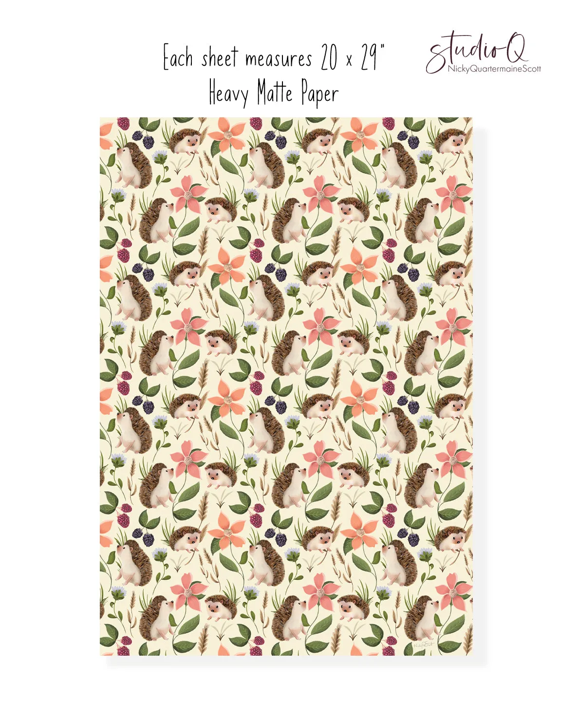 Hedgehog Floral Wrapping Paper in BUTTERCUP