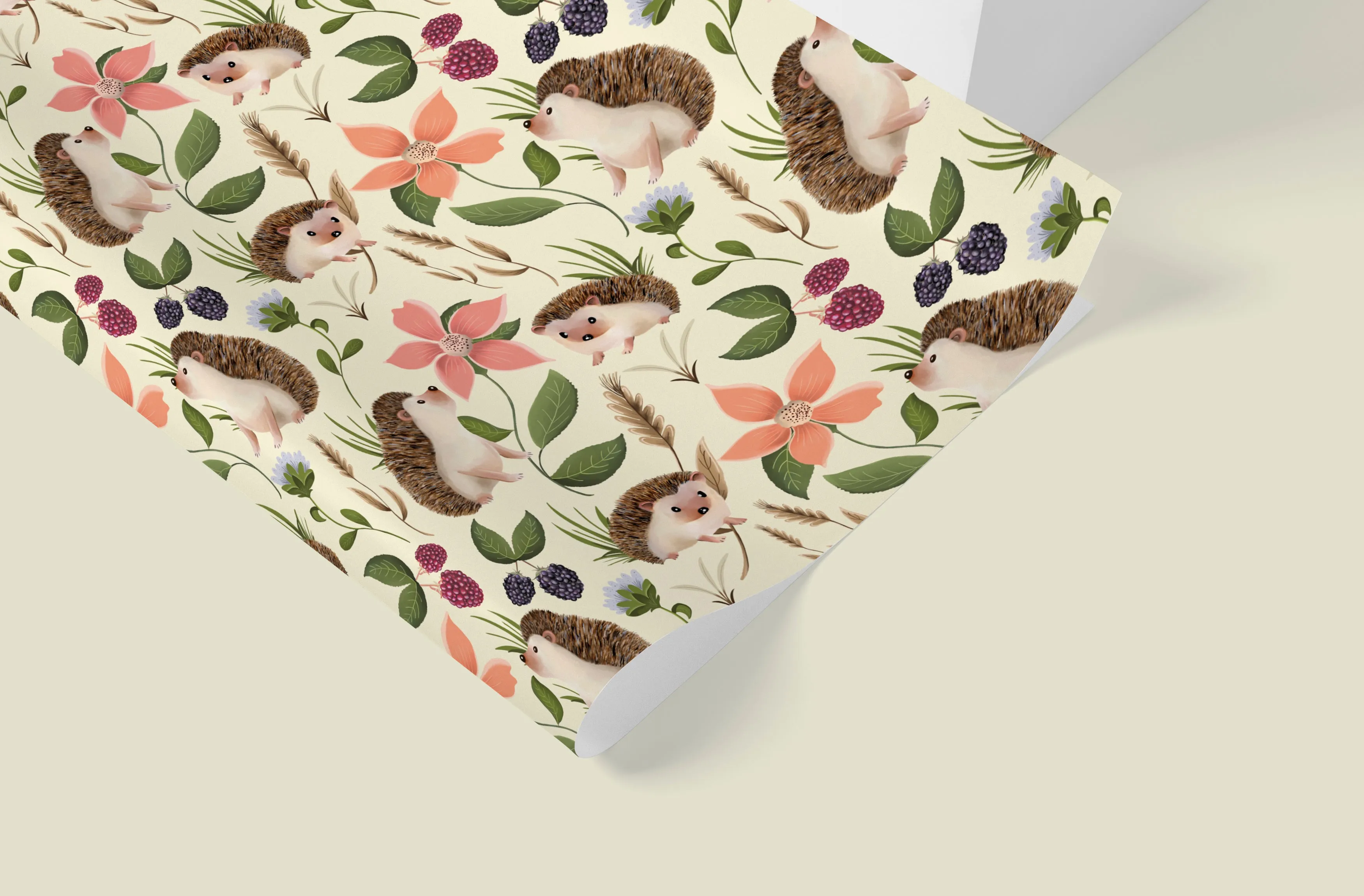 Hedgehog Floral Wrapping Paper in BUTTERCUP