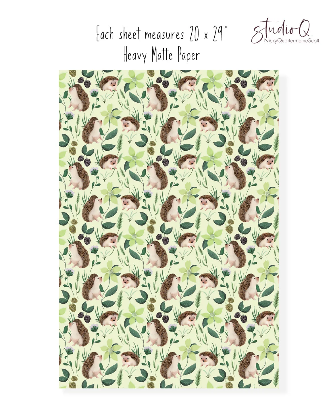 Hedgehog Floral Wrapping Paper in SAGE