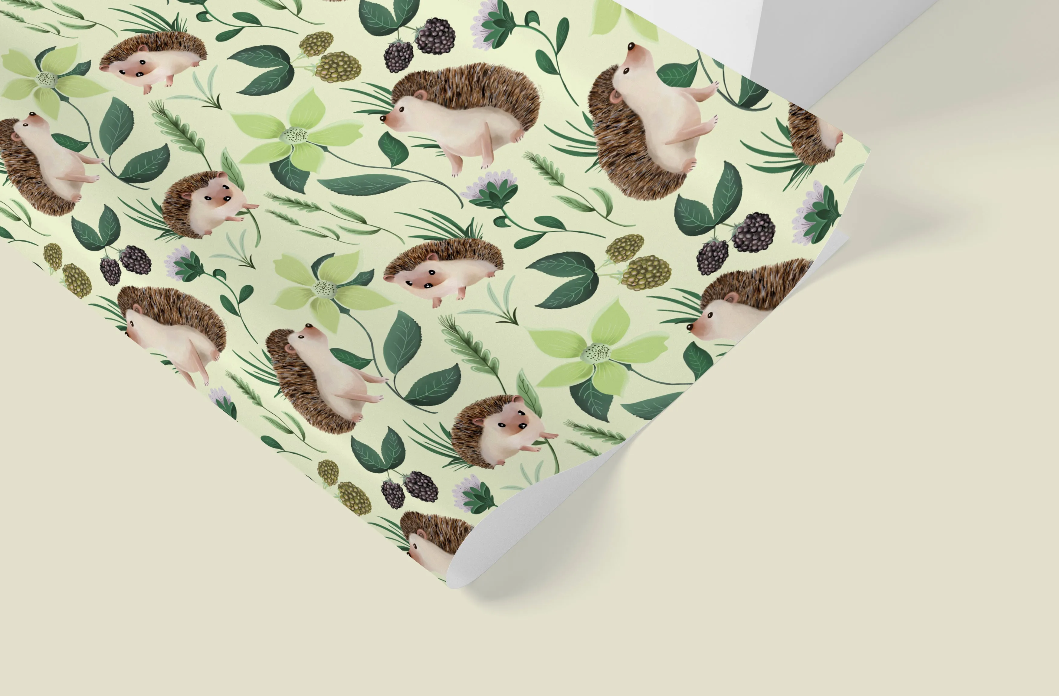 Hedgehog Floral Wrapping Paper in SAGE