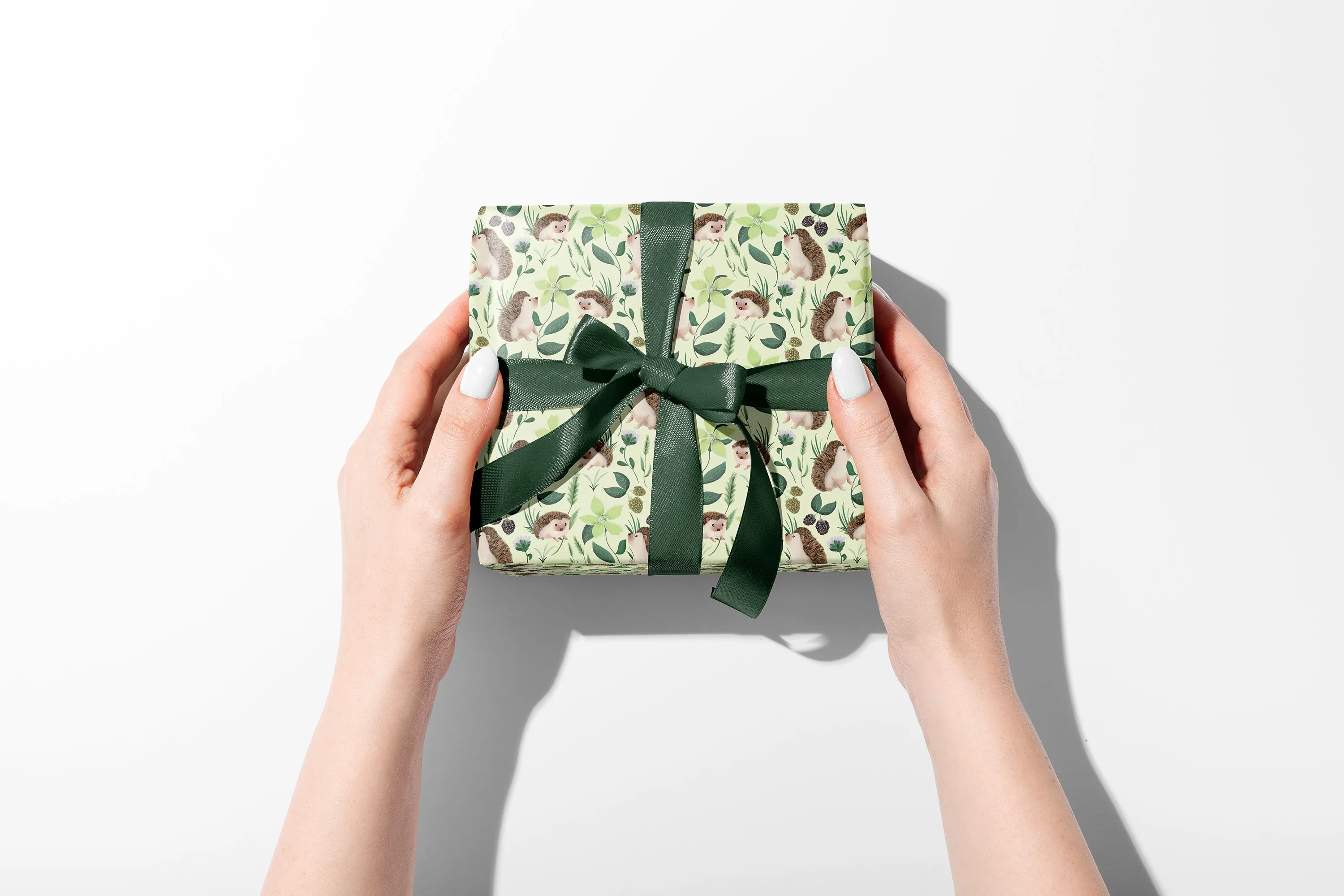 Hedgehog Floral Wrapping Paper in SAGE