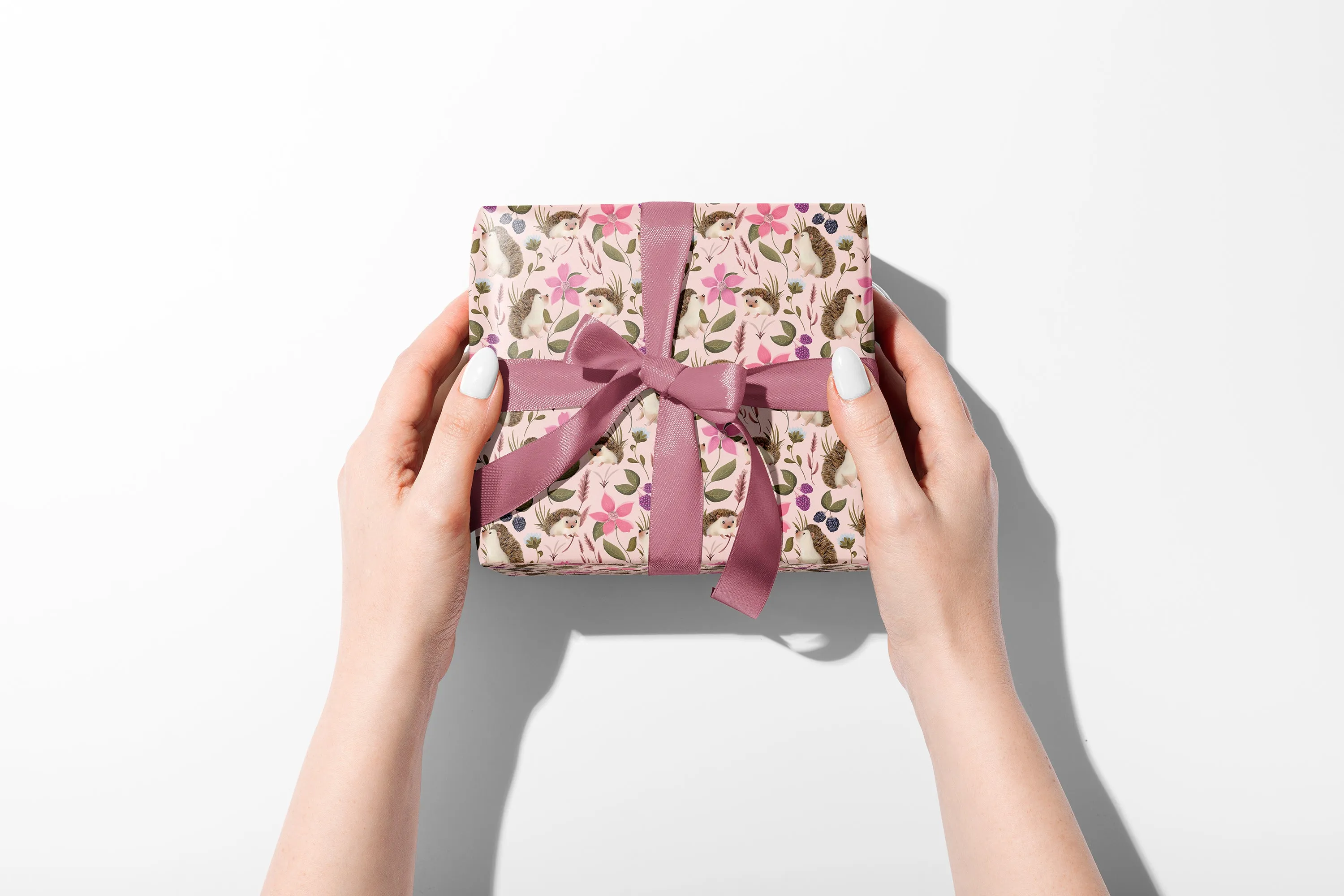 Hedgehog Floral Wrapping Paper in STRAWBERRY