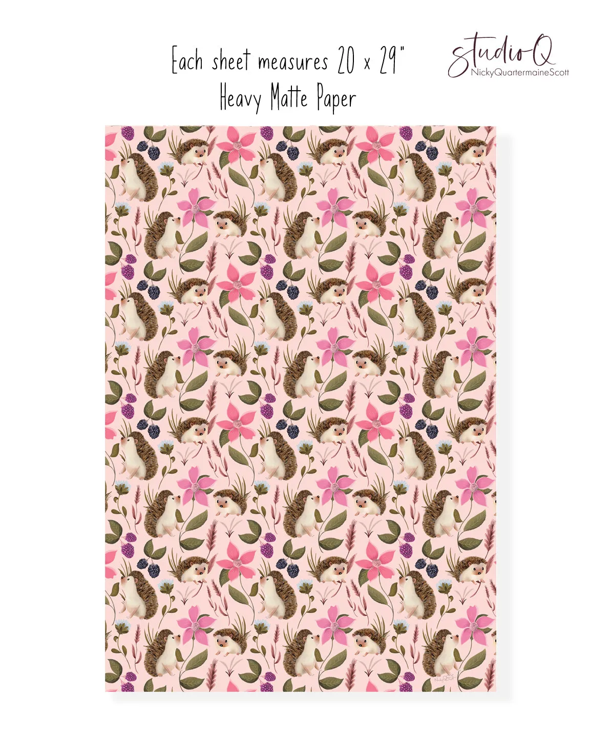 Hedgehog Floral Wrapping Paper in STRAWBERRY