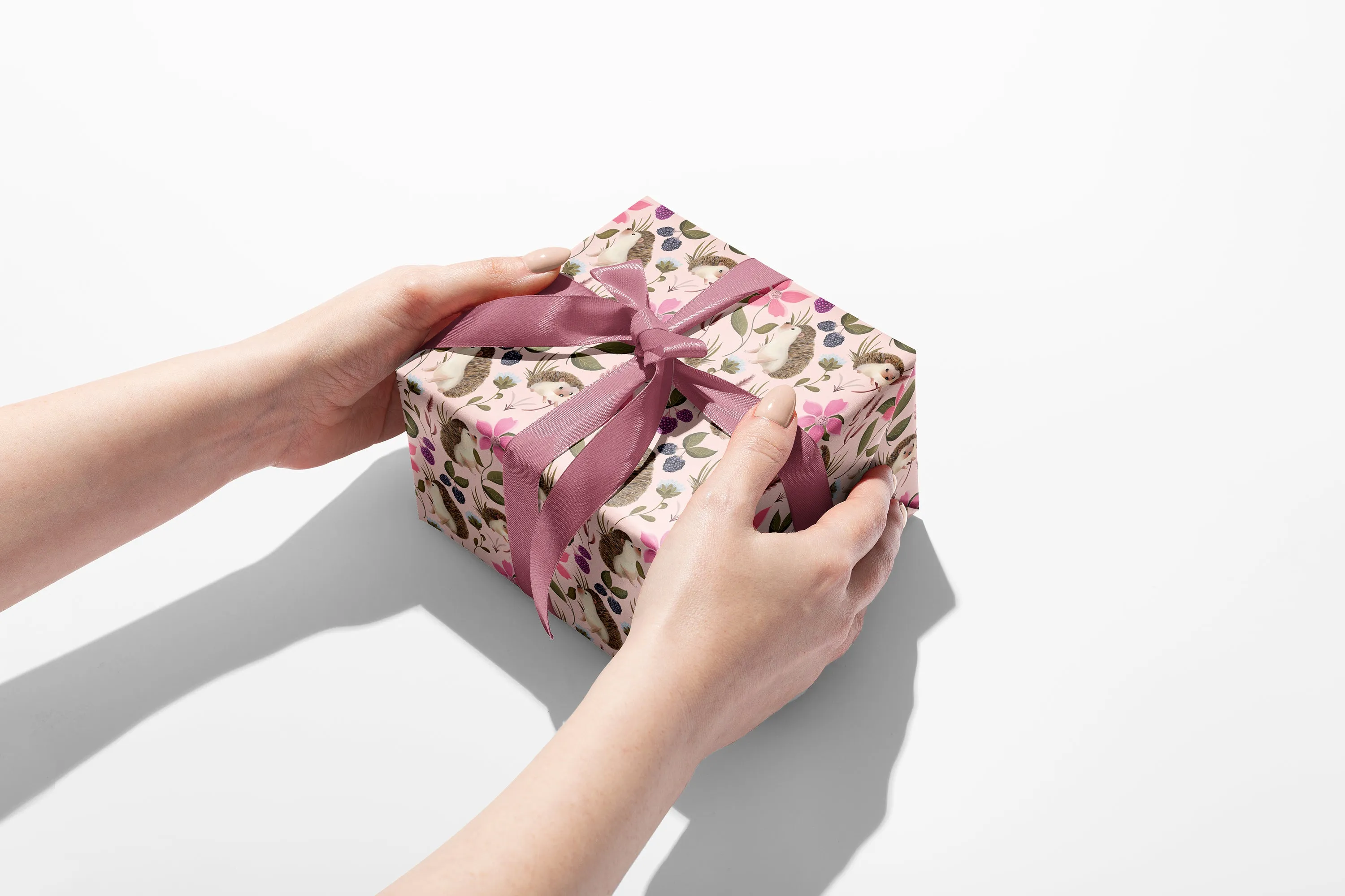Hedgehog Floral Wrapping Paper in STRAWBERRY