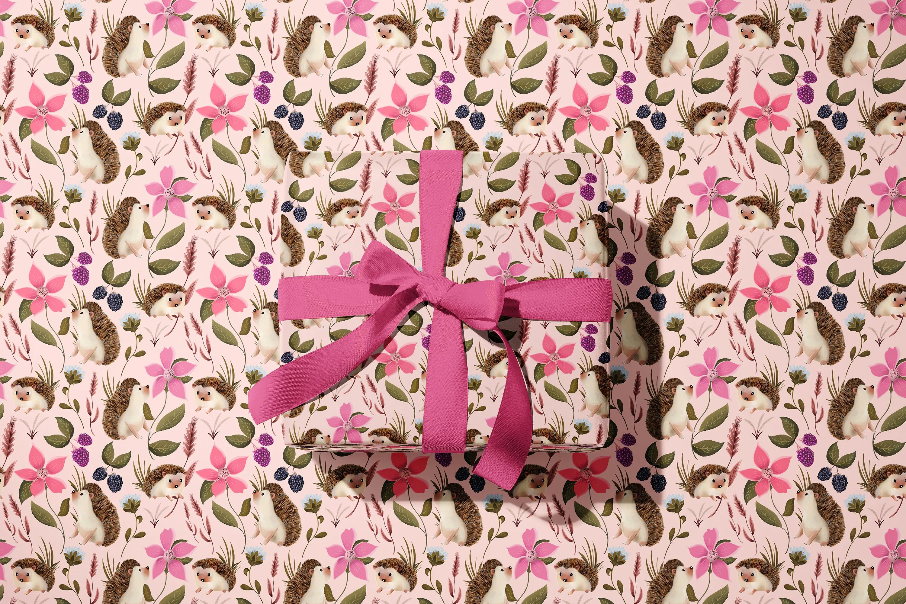 Hedgehog Floral Wrapping Paper in STRAWBERRY