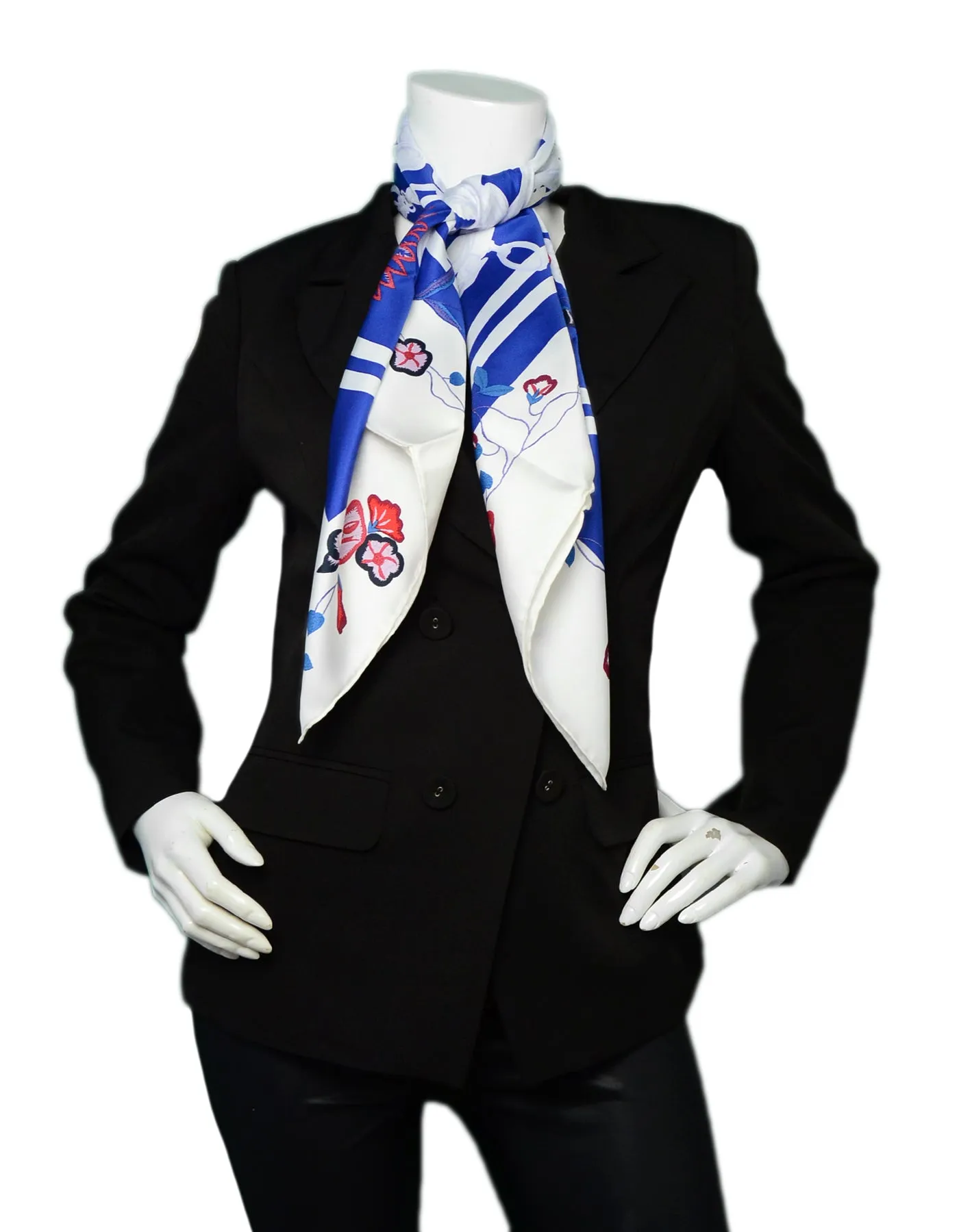 Hermes Blue/White Brides Fleuries 90cm Silk Scarf
