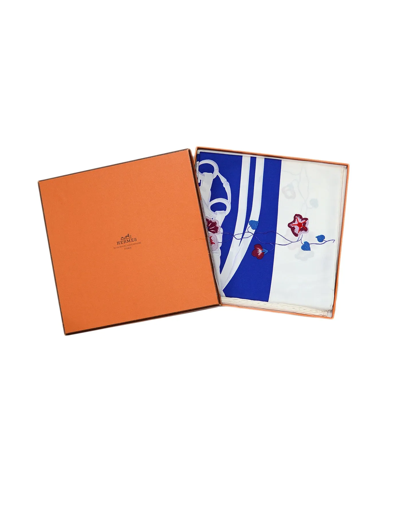 Hermes Blue/White Brides Fleuries 90cm Silk Scarf