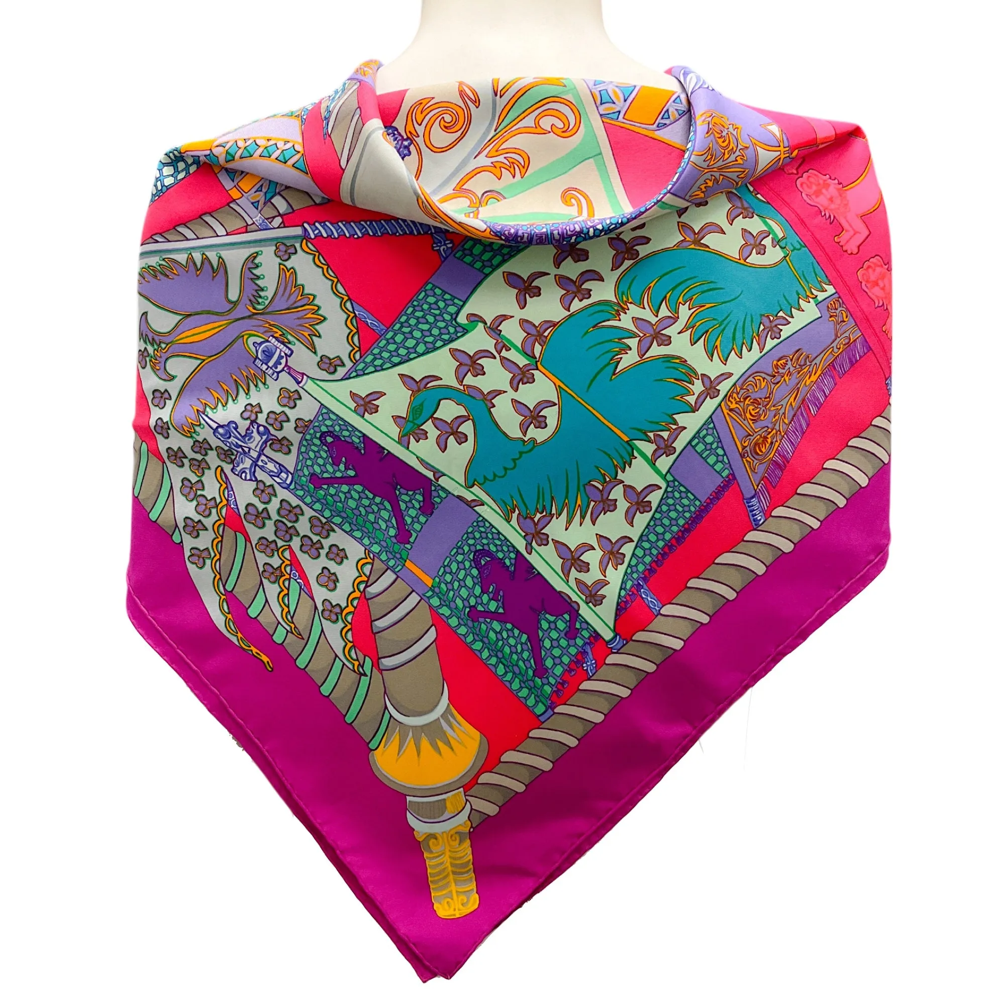 Hermes Magenta / Fuchsia Multi Etendards et Bannieres Print Square Silk Twill Scarf