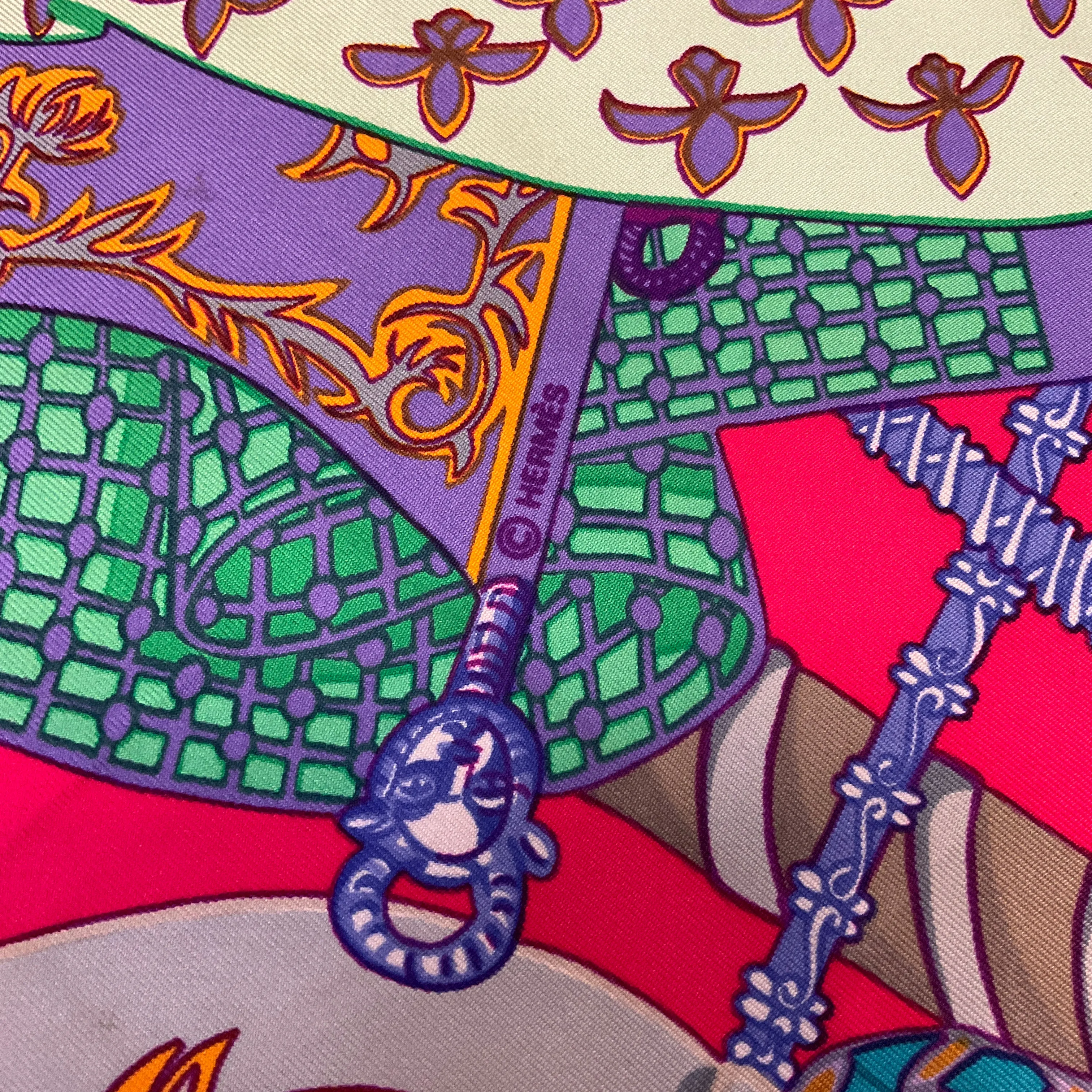 Hermes Magenta / Fuchsia Multi Etendards et Bannieres Print Square Silk Twill Scarf