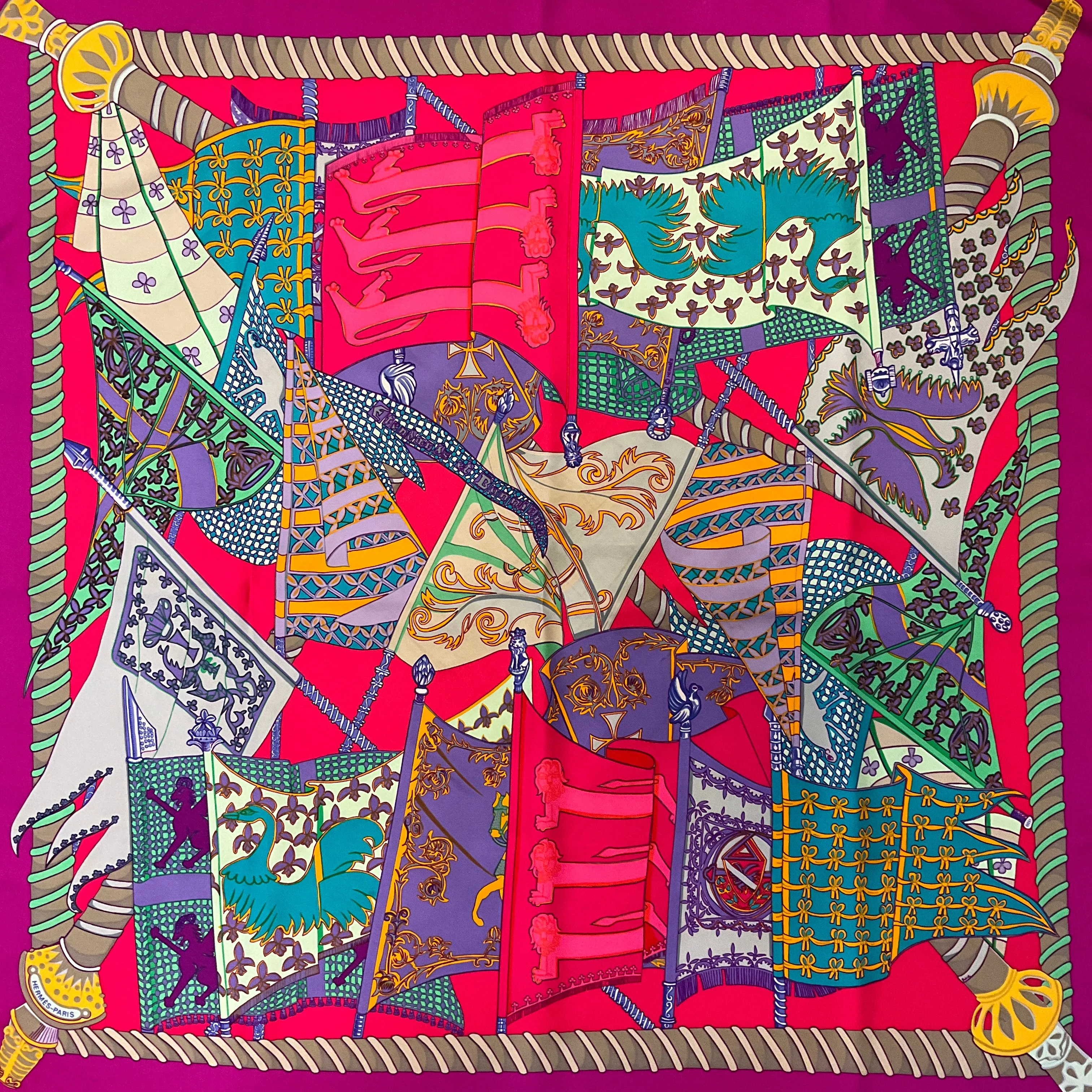 Hermes Magenta / Fuchsia Multi Etendards et Bannieres Print Square Silk Twill Scarf