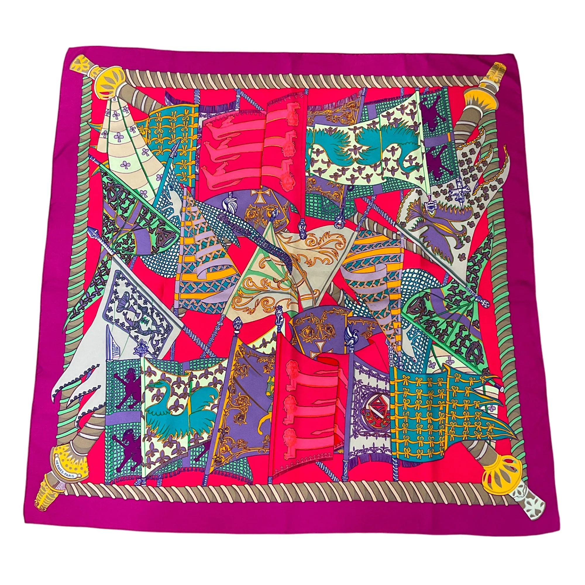 Hermes Magenta / Fuchsia Multi Etendards et Bannieres Print Square Silk Twill Scarf