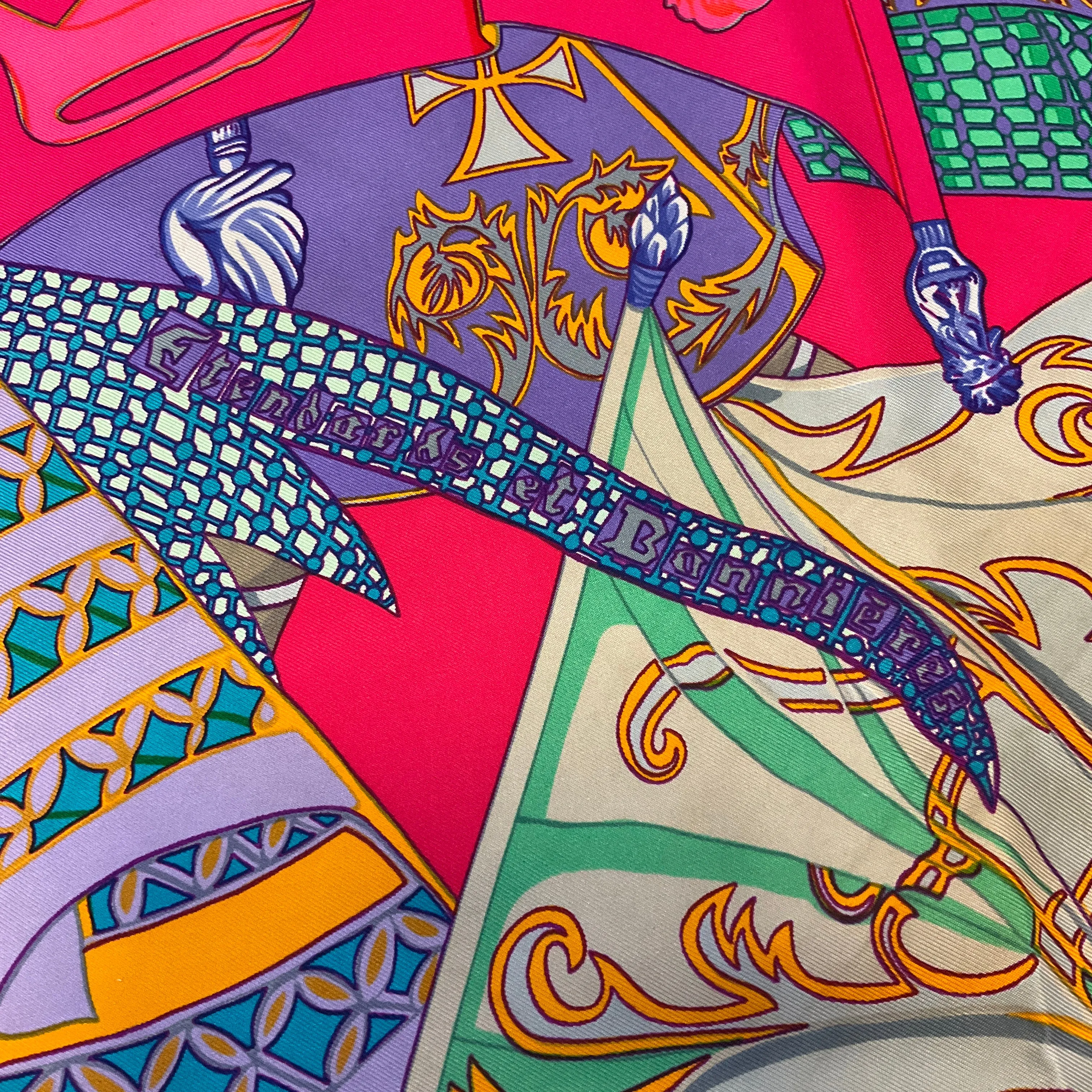 Hermes Magenta / Fuchsia Multi Etendards et Bannieres Print Square Silk Twill Scarf