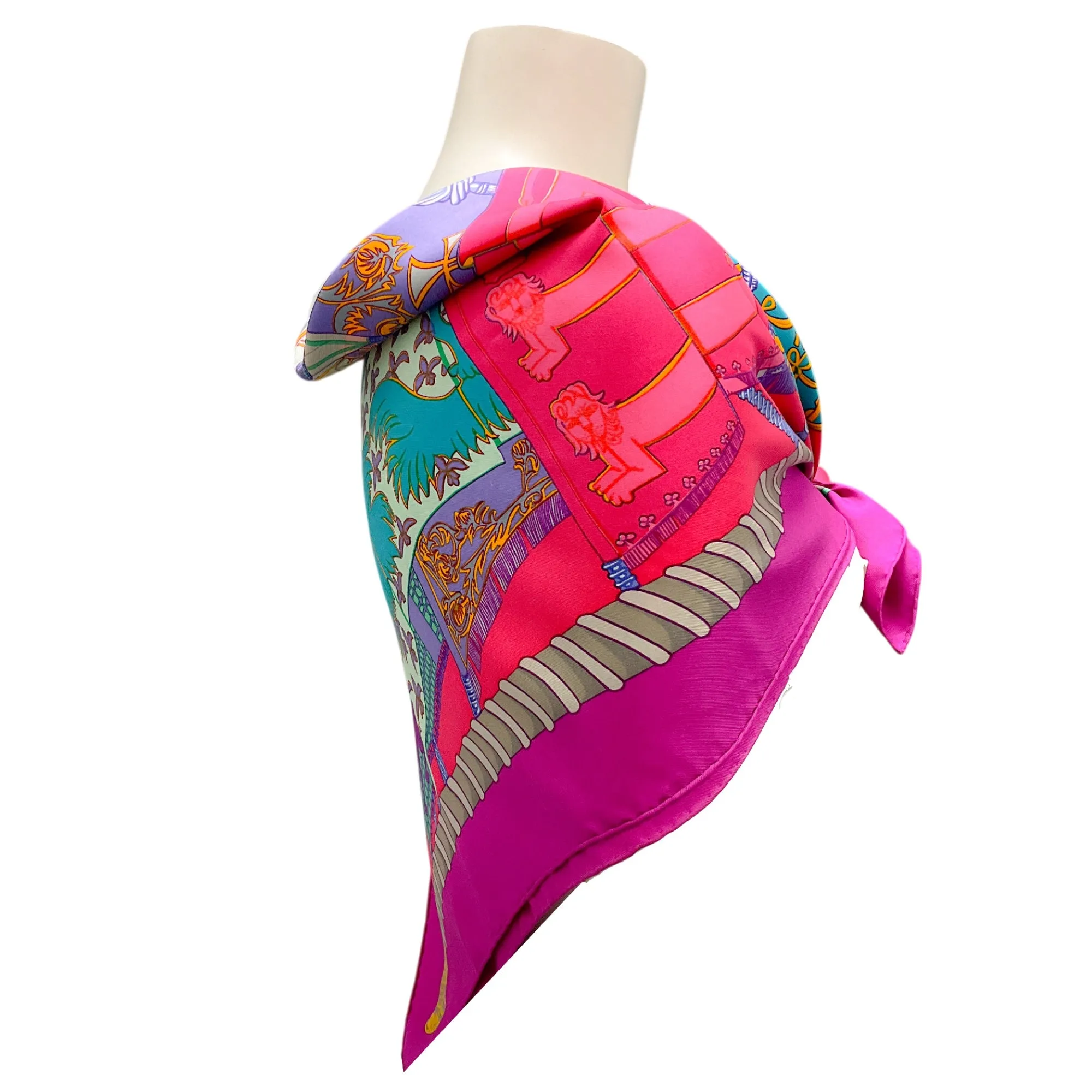 Hermes Magenta / Fuchsia Multi Etendards et Bannieres Print Square Silk Twill Scarf