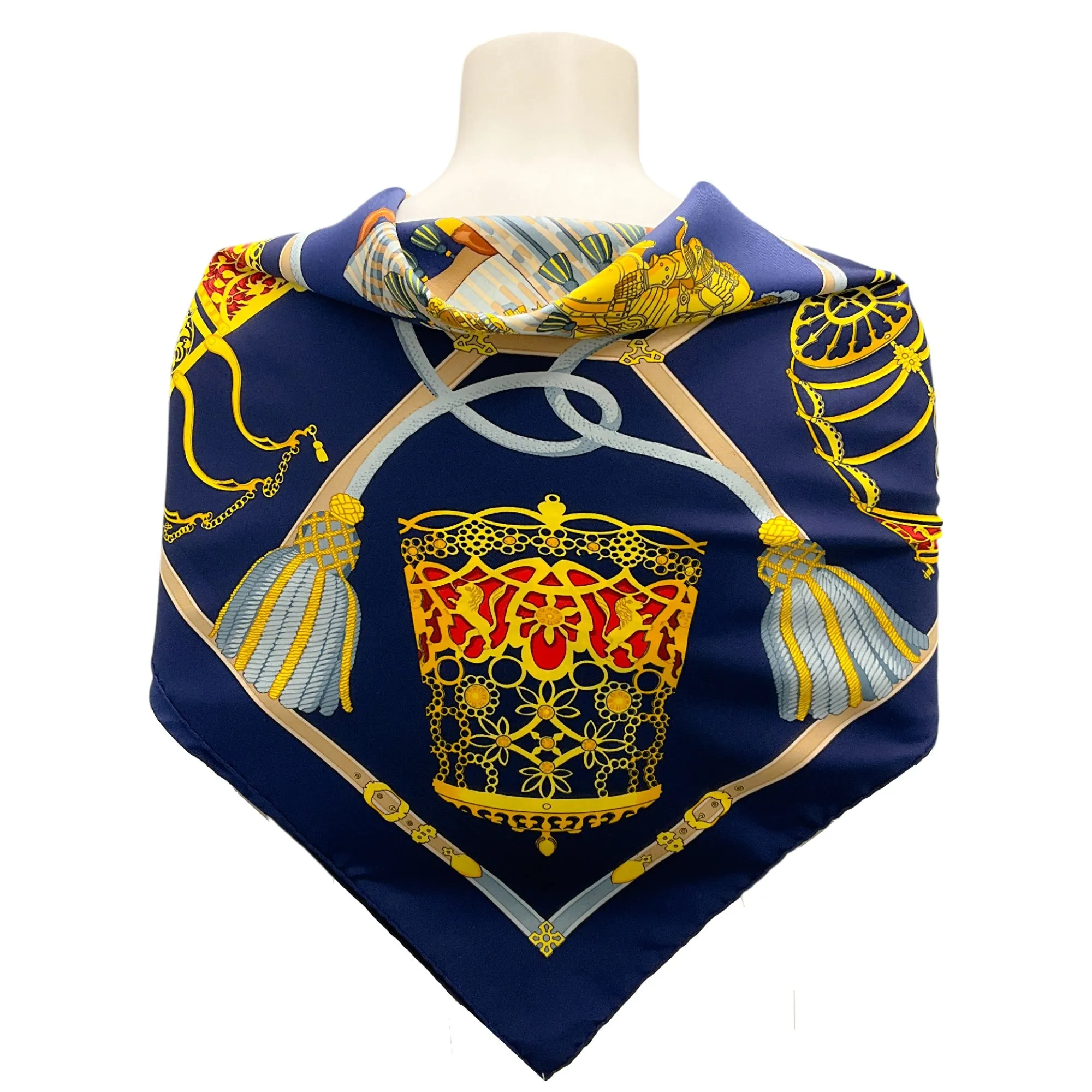 Hermes Navy Blue Multi Les Muserolles Print Square Silk Twill Scarf