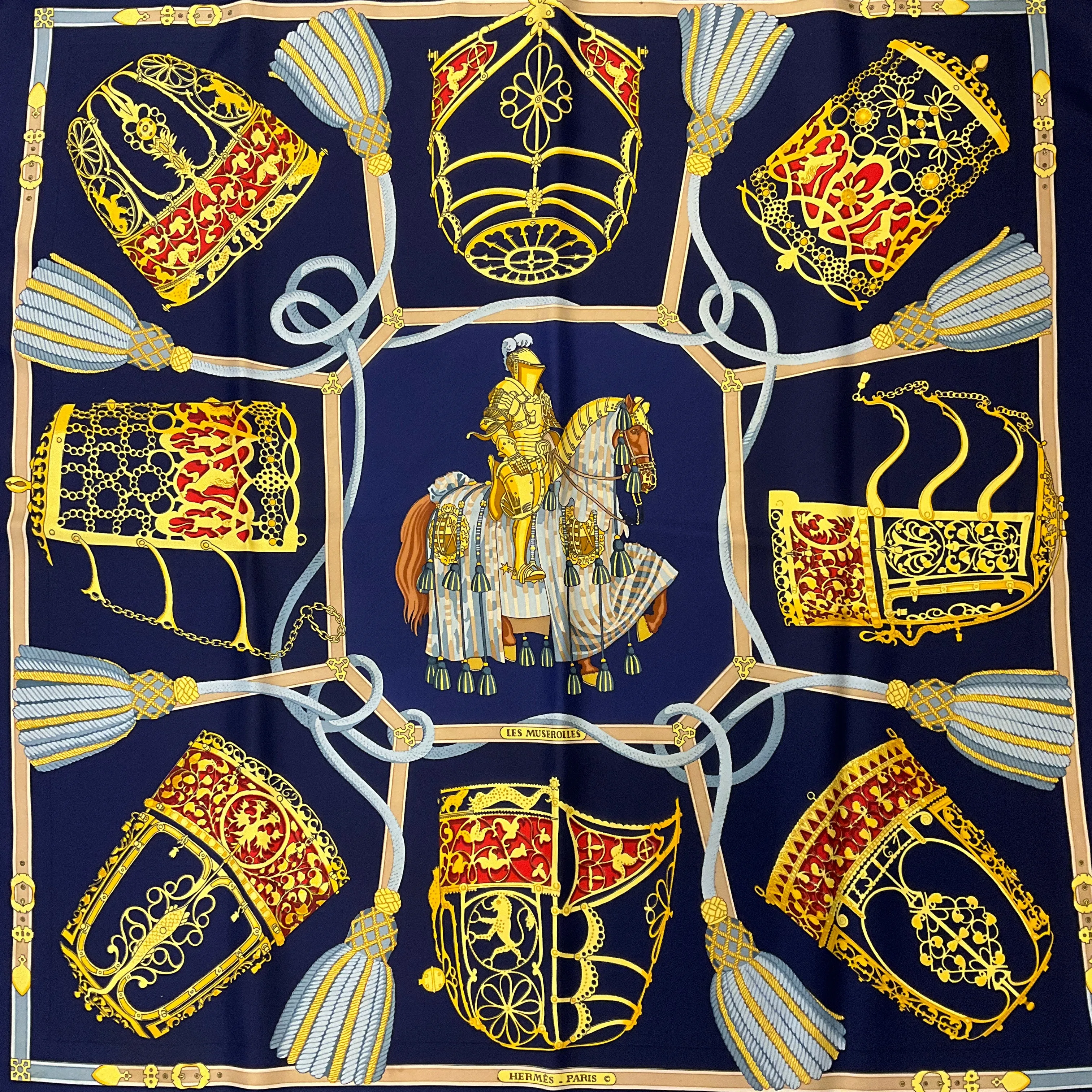 Hermes Navy Blue Multi Les Muserolles Print Square Silk Twill Scarf