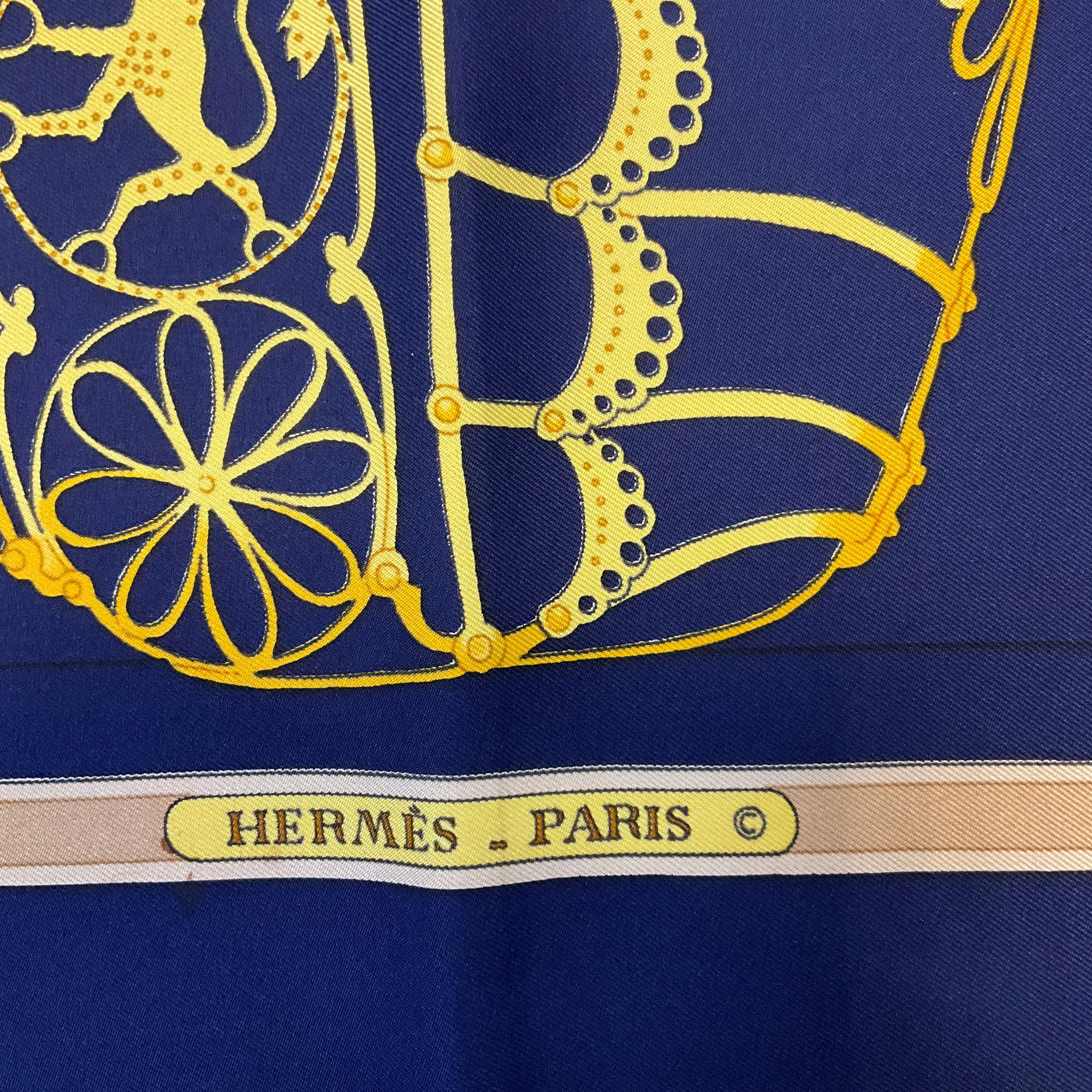 Hermes Navy Blue Multi Les Muserolles Print Square Silk Twill Scarf