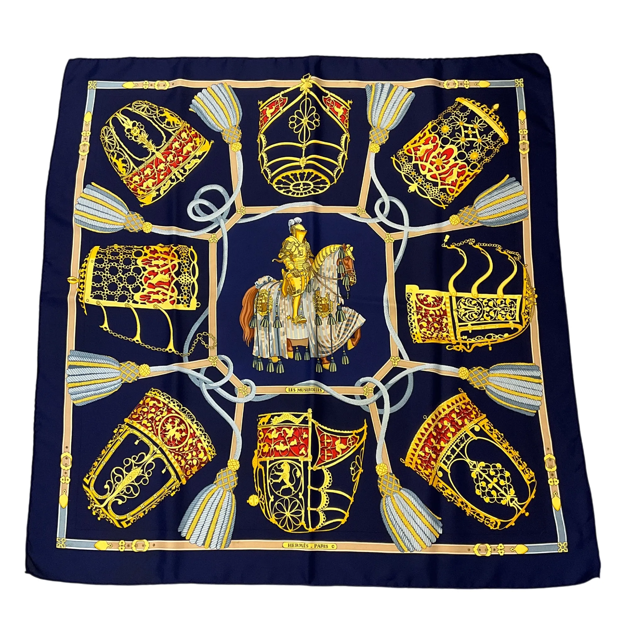 Hermes Navy Blue Multi Les Muserolles Print Square Silk Twill Scarf
