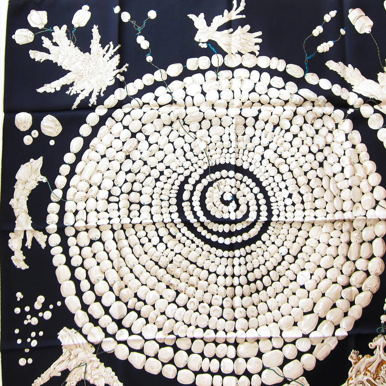 Hermes Reve de Corail Black Cream Beige Silk Carre Scarf 90cm Grail