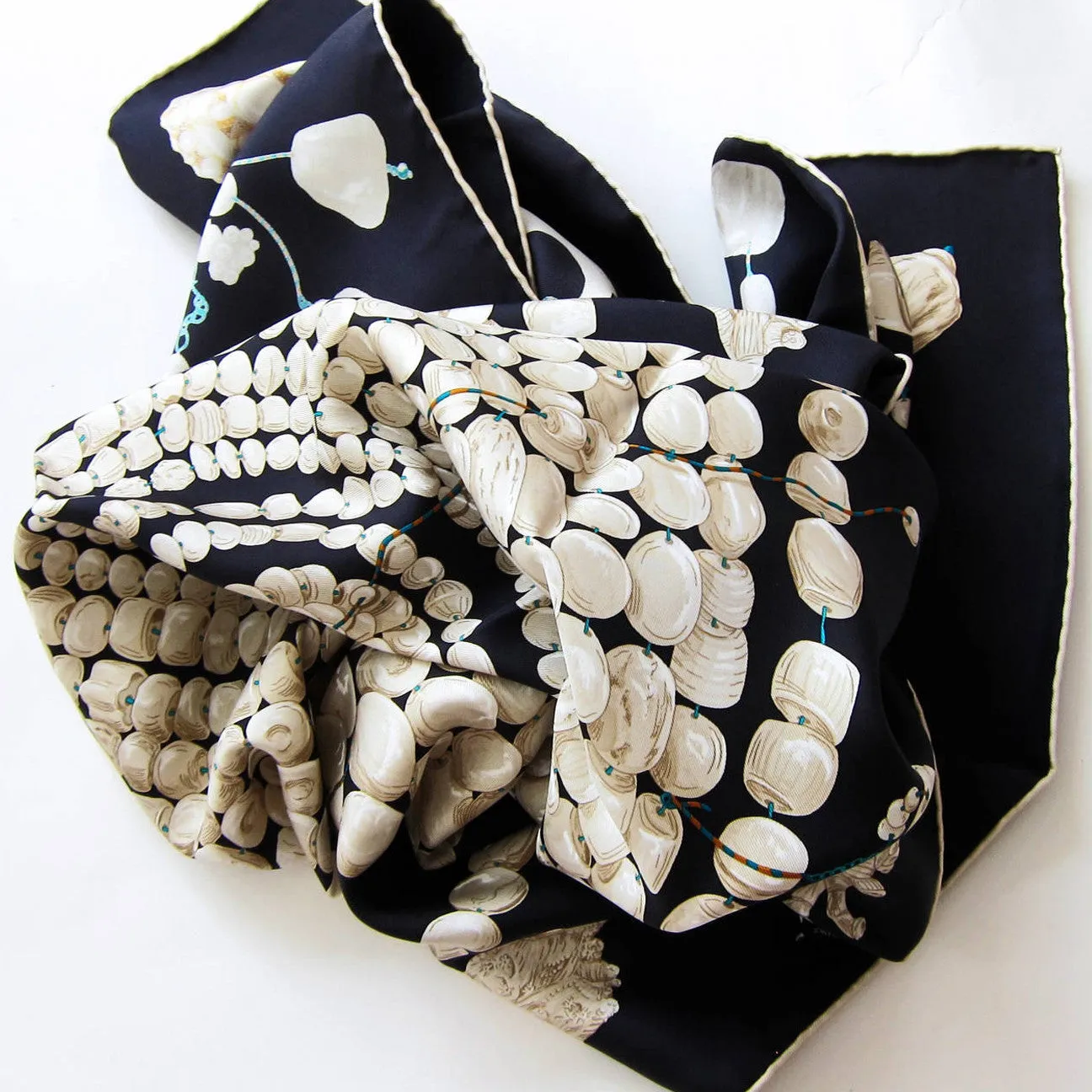 Hermes Reve de Corail Black Cream Beige Silk Carre Scarf 90cm Grail