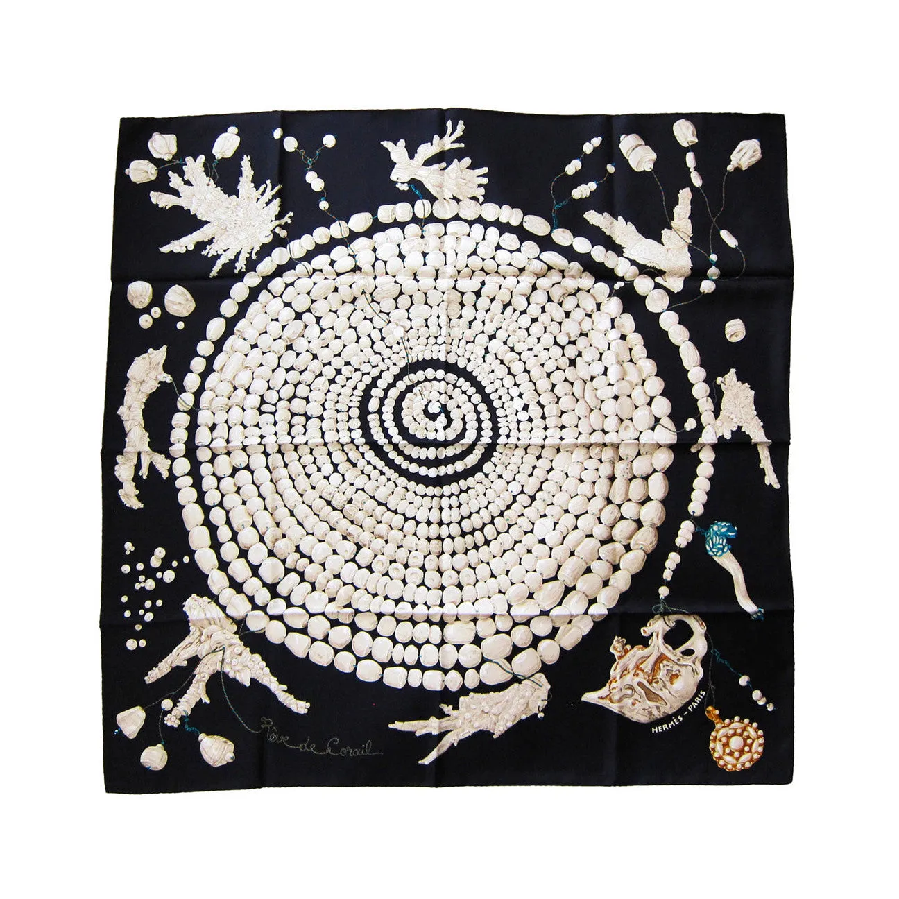 Hermes Reve de Corail Black Cream Beige Silk Carre Scarf 90cm Grail