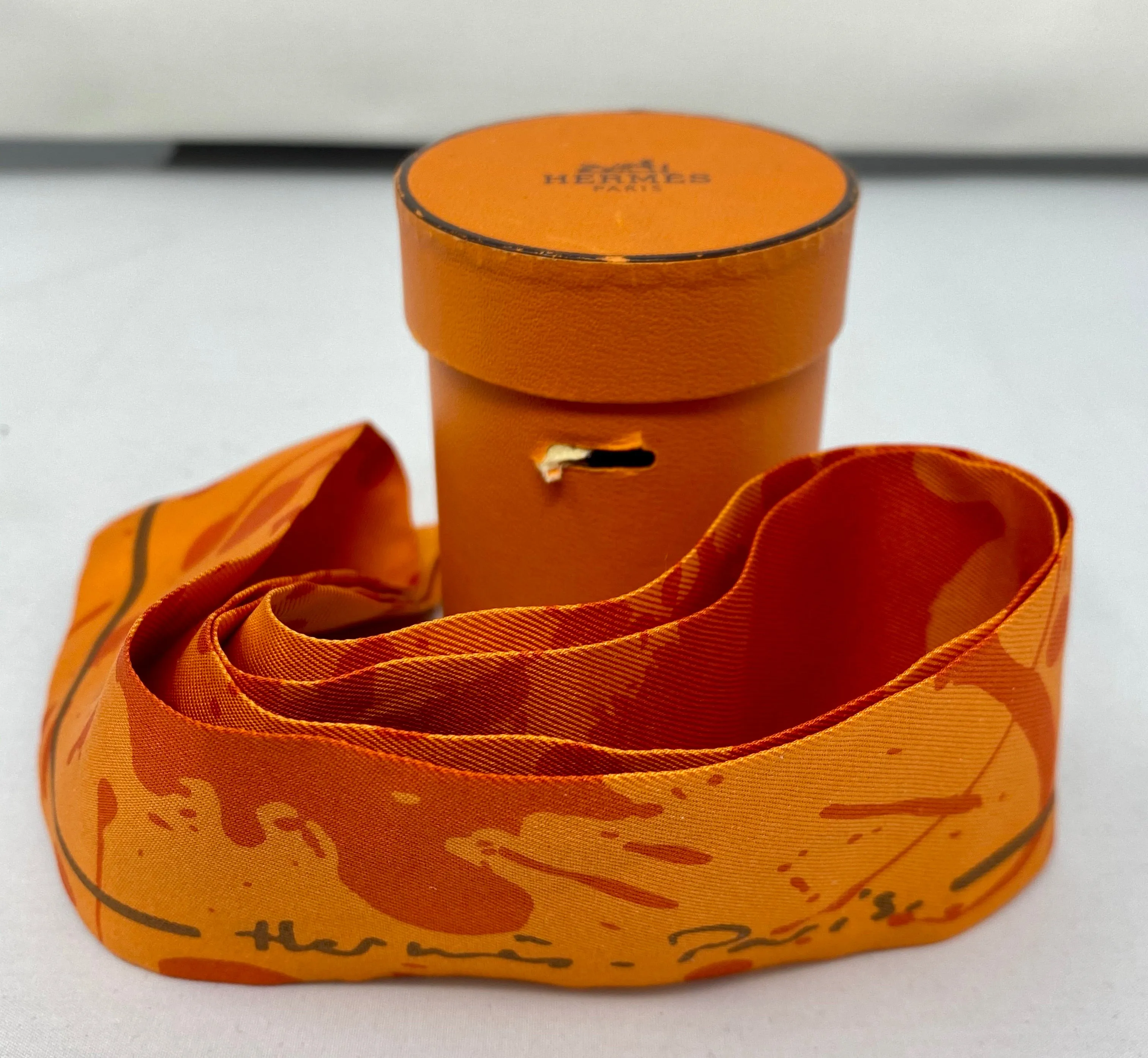 Hermes Silk Twilly Scarf Orange Splatter Paint