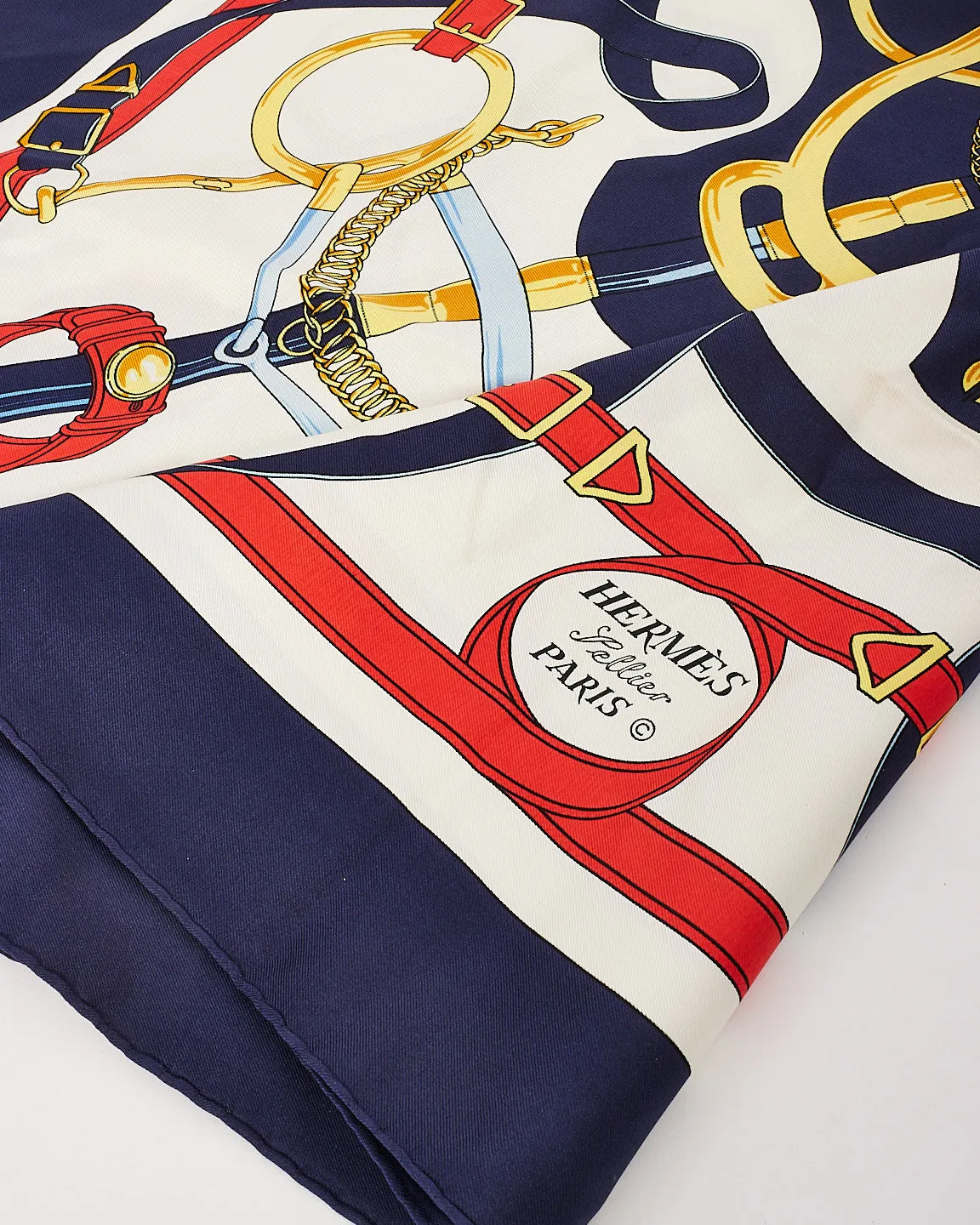 Hermès Navy & White Silk Eperon D'or Scarf