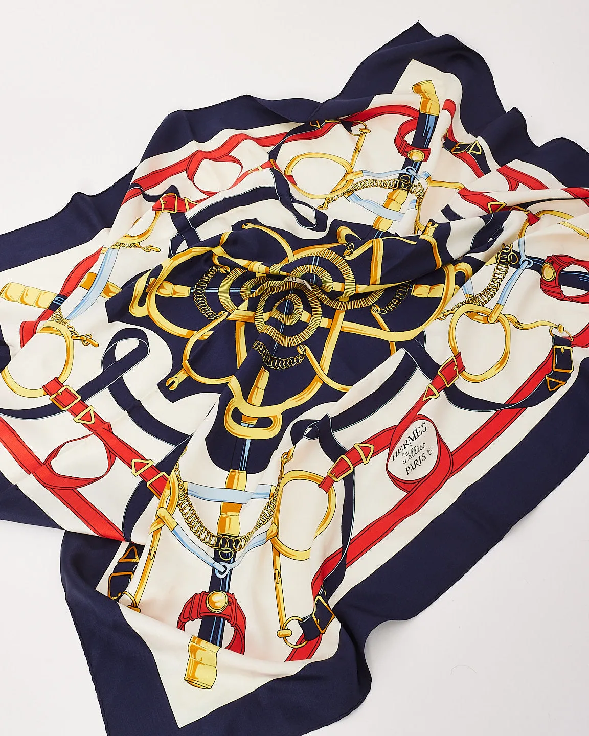 Hermès Navy & White Silk Eperon D'or Scarf