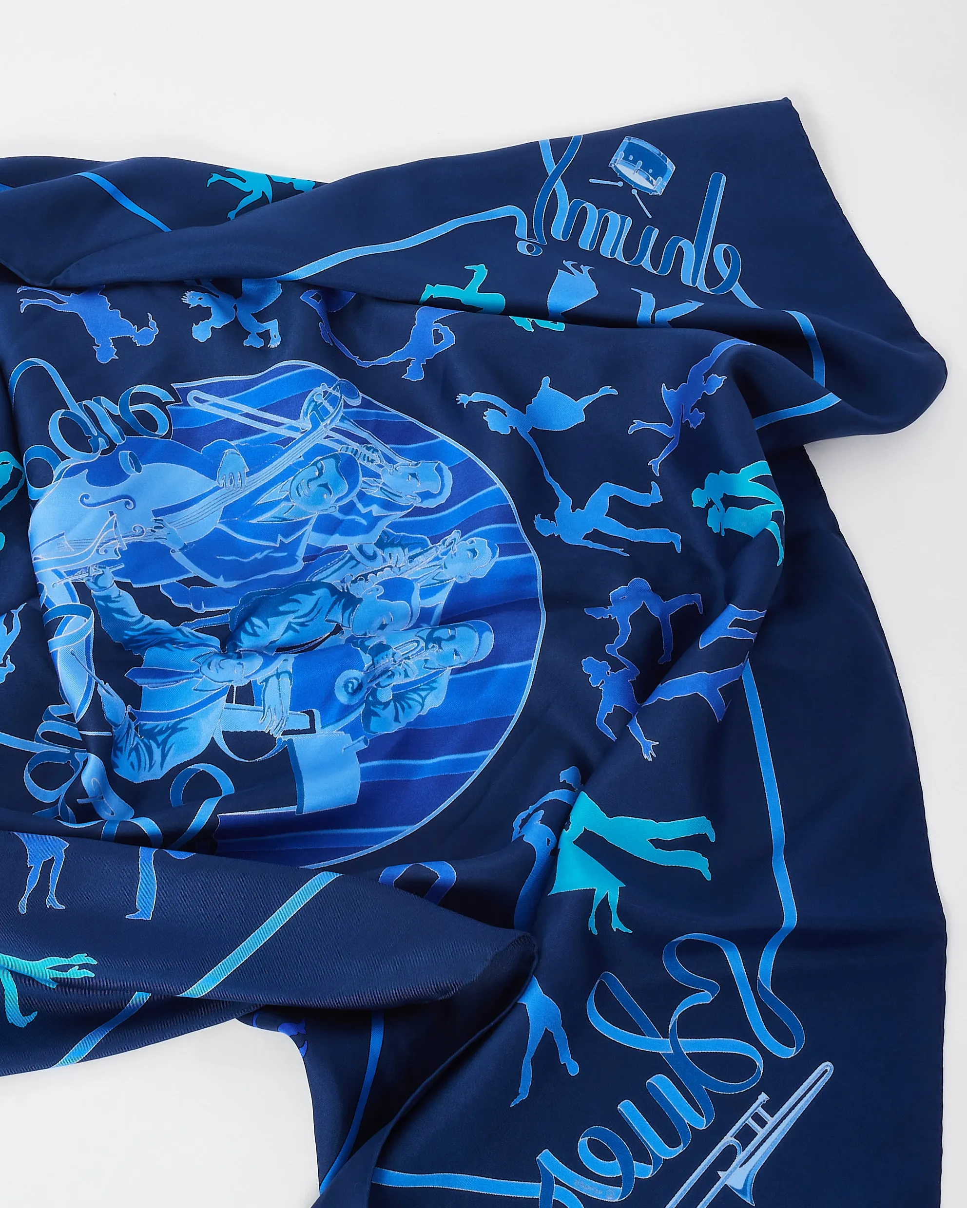 Hermès Navy Blue Swing "Jazz Motif" Silk Scarf