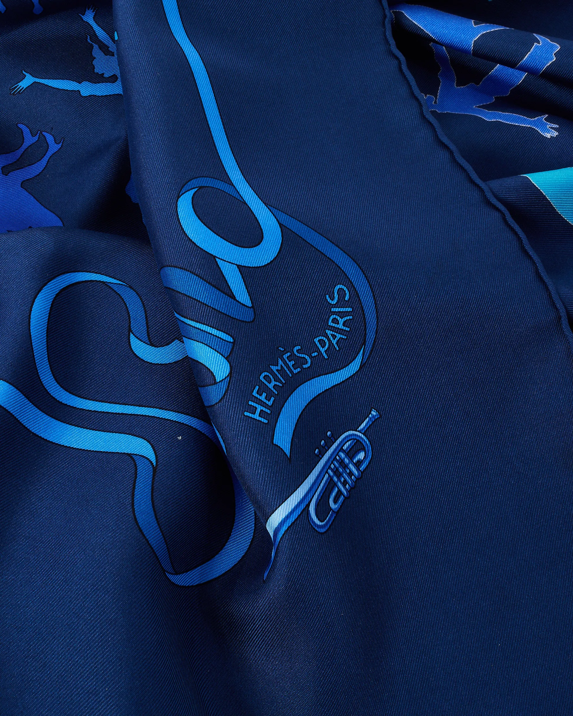 Hermès Navy Blue Swing "Jazz Motif" Silk Scarf