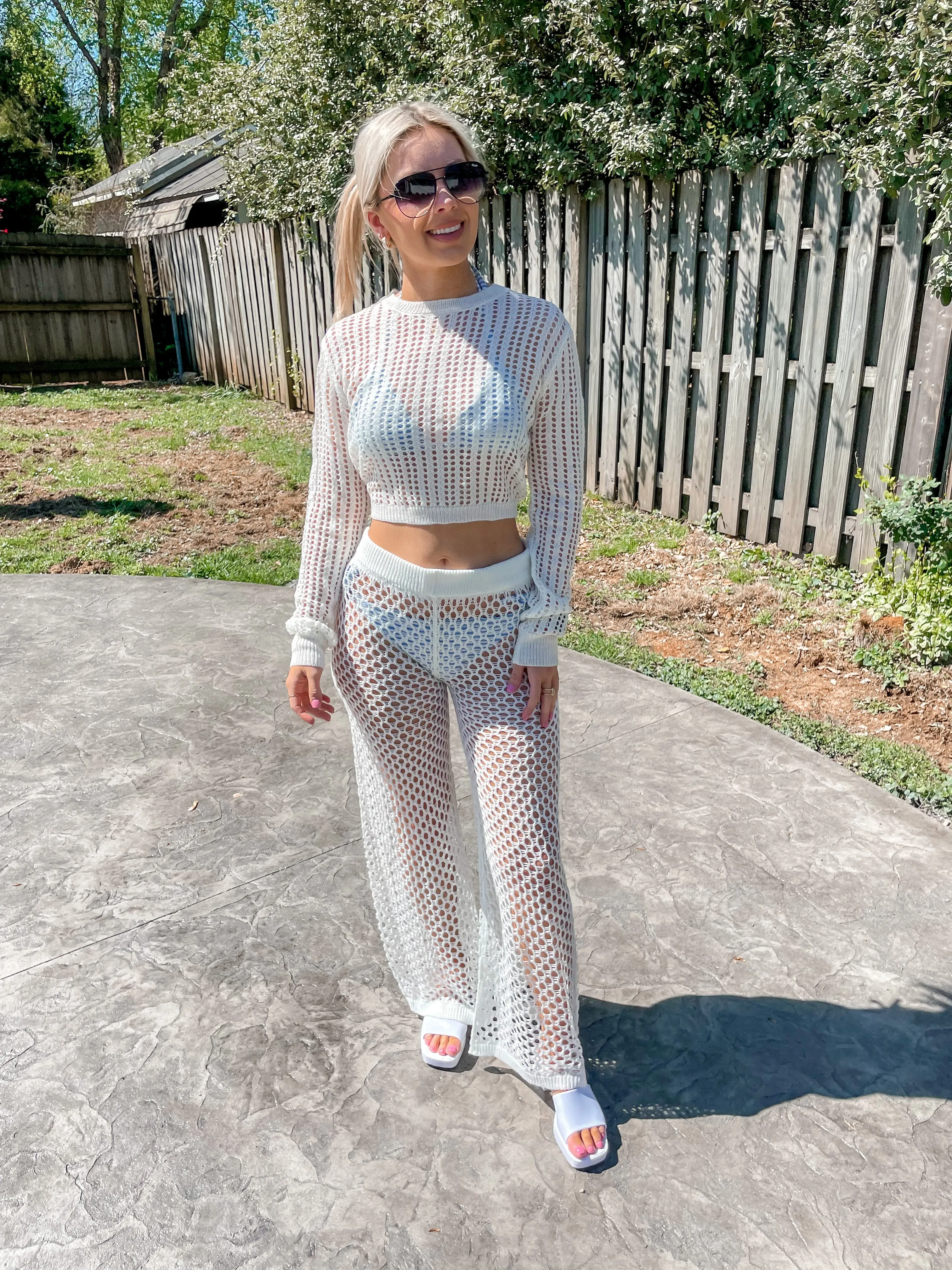 High-Waisted Crochet Cover Up Pants- Cream