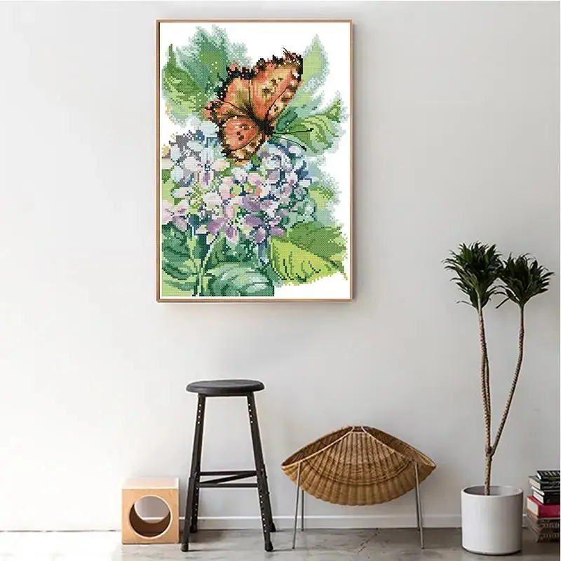 Hydrangea with Butterfly - DIY Floral Pattern Printed Cross Stitch