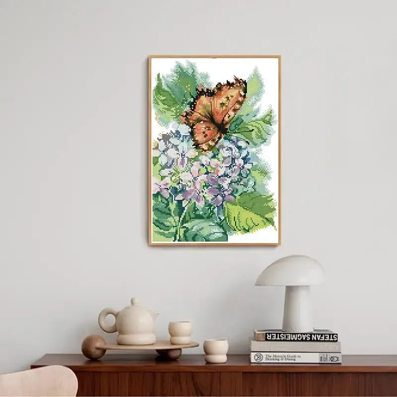 Hydrangea with Butterfly - DIY Floral Pattern Printed Cross Stitch