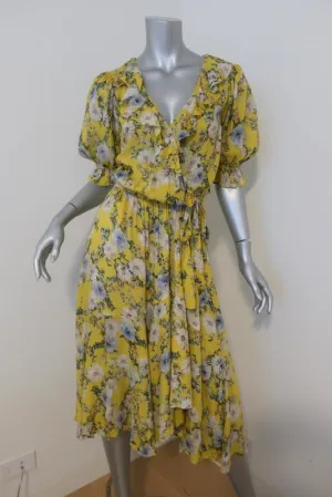 Icons Cha Cha Wrap Dress Yellow Floral Print Size Small Ruffle-Trim Short Sleeve