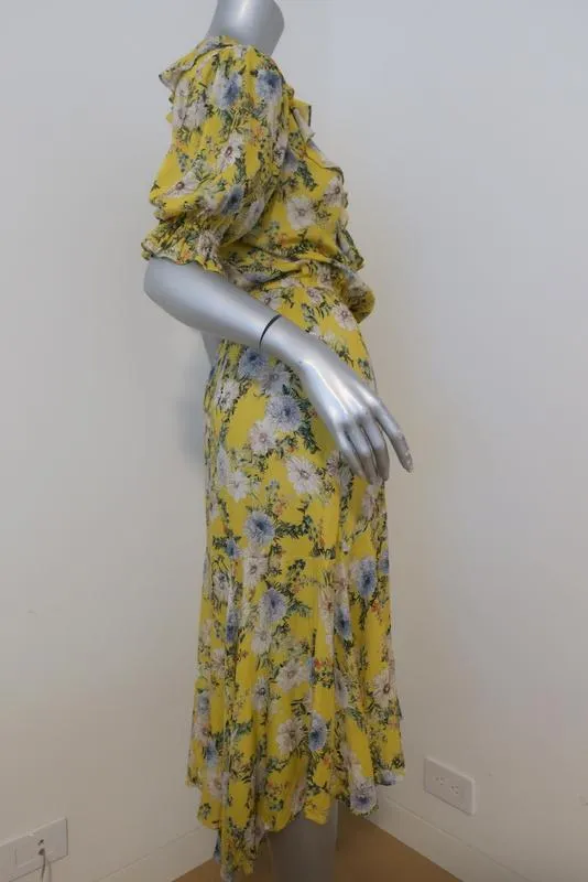 Icons Cha Cha Wrap Dress Yellow Floral Print Size Small Ruffle-Trim Short Sleeve