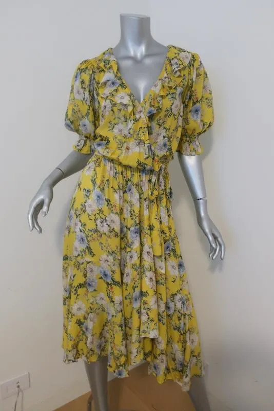 Icons Cha Cha Wrap Dress Yellow Floral Print Size Small Ruffle-Trim Short Sleeve