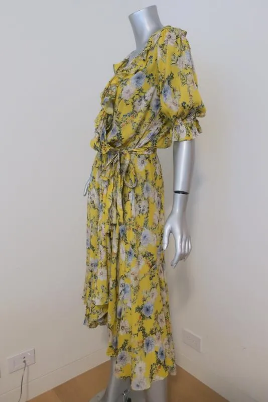 Icons Cha Cha Wrap Dress Yellow Floral Print Size Small Ruffle-Trim Short Sleeve