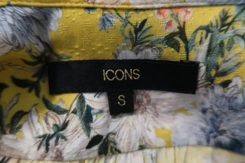 Icons Cha Cha Wrap Dress Yellow Floral Print Size Small Ruffle-Trim Short Sleeve