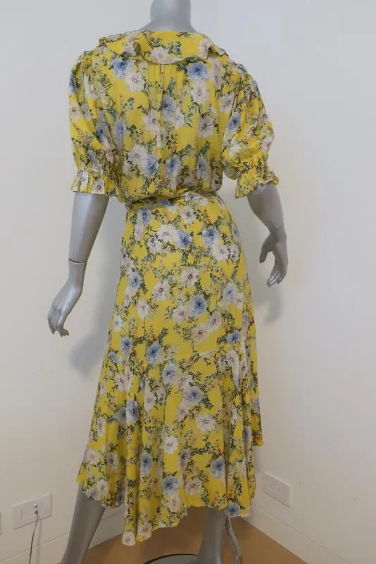 Icons Cha Cha Wrap Dress Yellow Floral Print Size Small Ruffle-Trim Short Sleeve