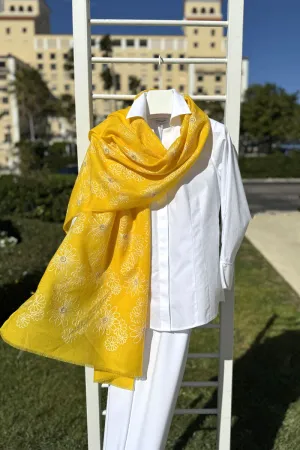 Janavi Lemon Yellow Shawl with White Floral Details