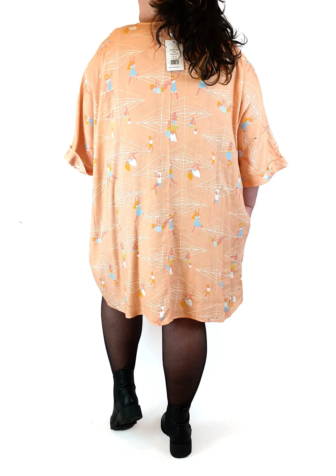 Jericho Road peach linen mix boxy dress with cute print size 20